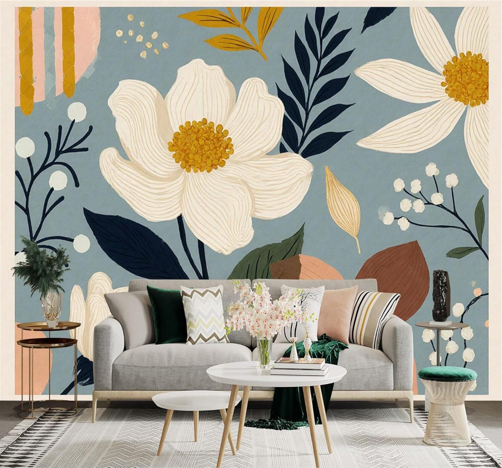 XLMING White Pink Flowers Abstract Blue Leaves 3D Wallpaper Silky Texture Home Study Office Grey Dining Room Sofa Bedroom Living Room TV Backdrop-300cm×210cm