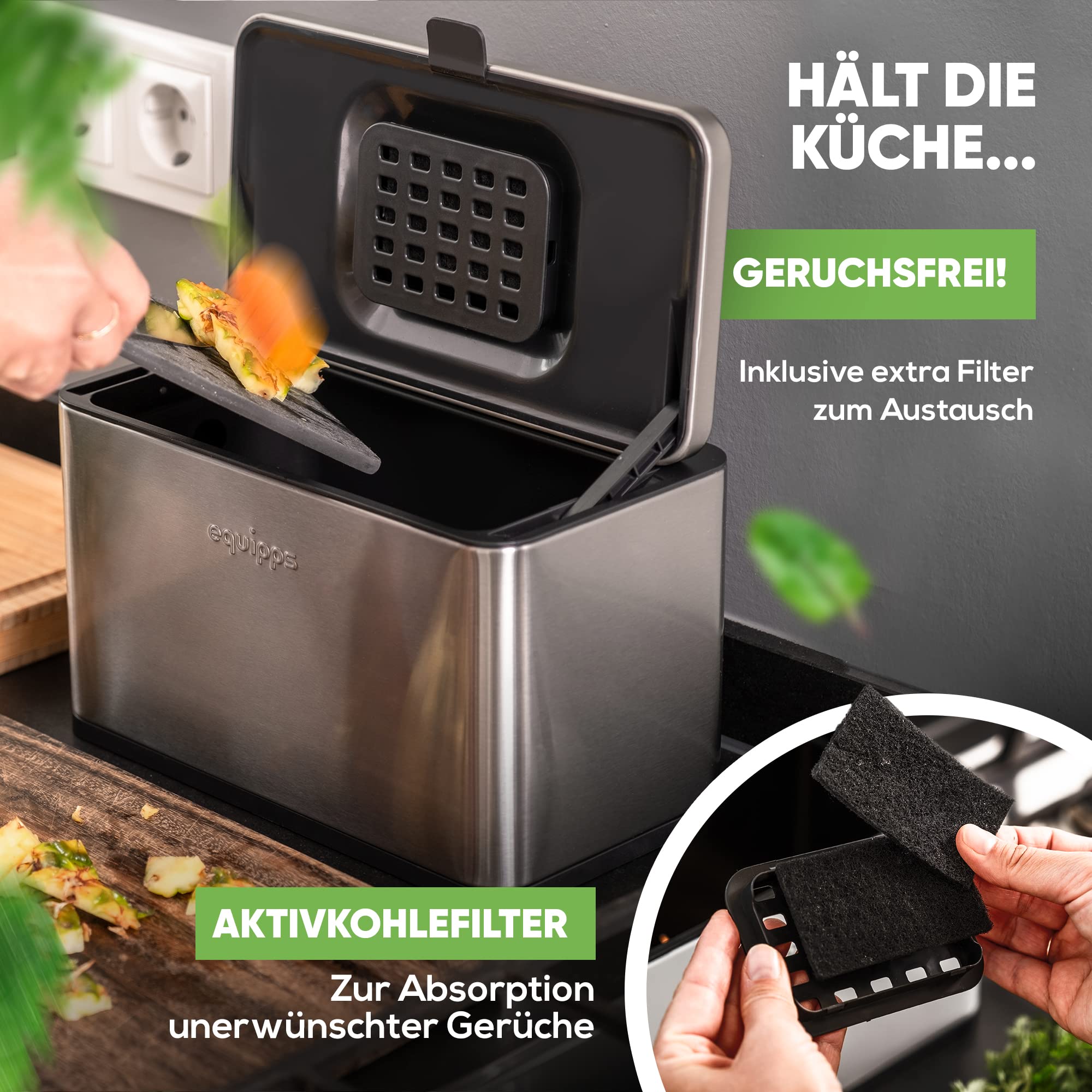 Bio Mülleimer 3L Silber | Komposteimer Küche für Bio Müll & Co | Mülleimer mit Geruchsfilter | Komposter für Abfall & Recycling | Biomülleimer Küche klein