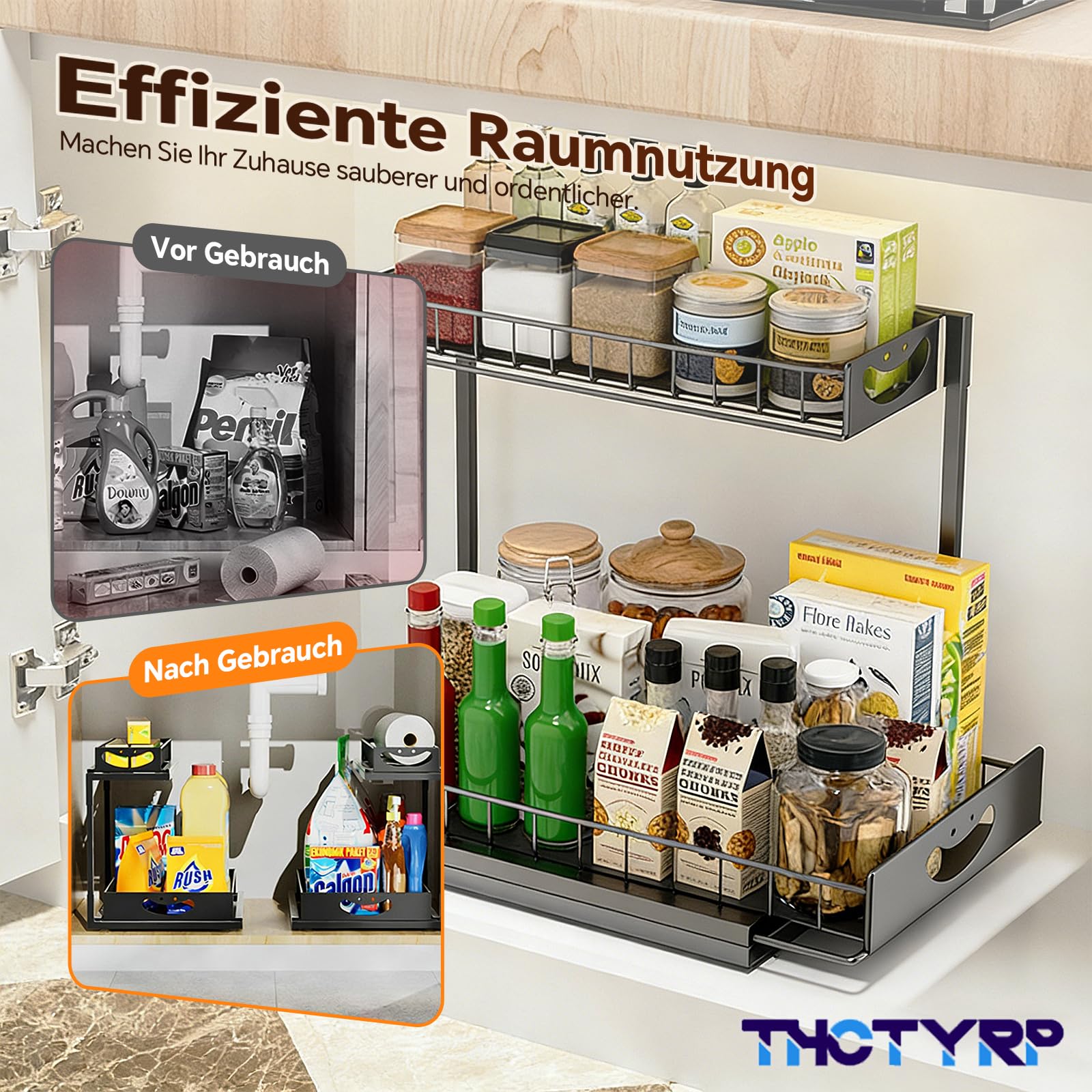 Ausziehbares Metall-Regal, 2 Ebenen, Unter Waschbecken & Spüle, Organizer für Küchen- und Badezimmerschränke（Schwarz）