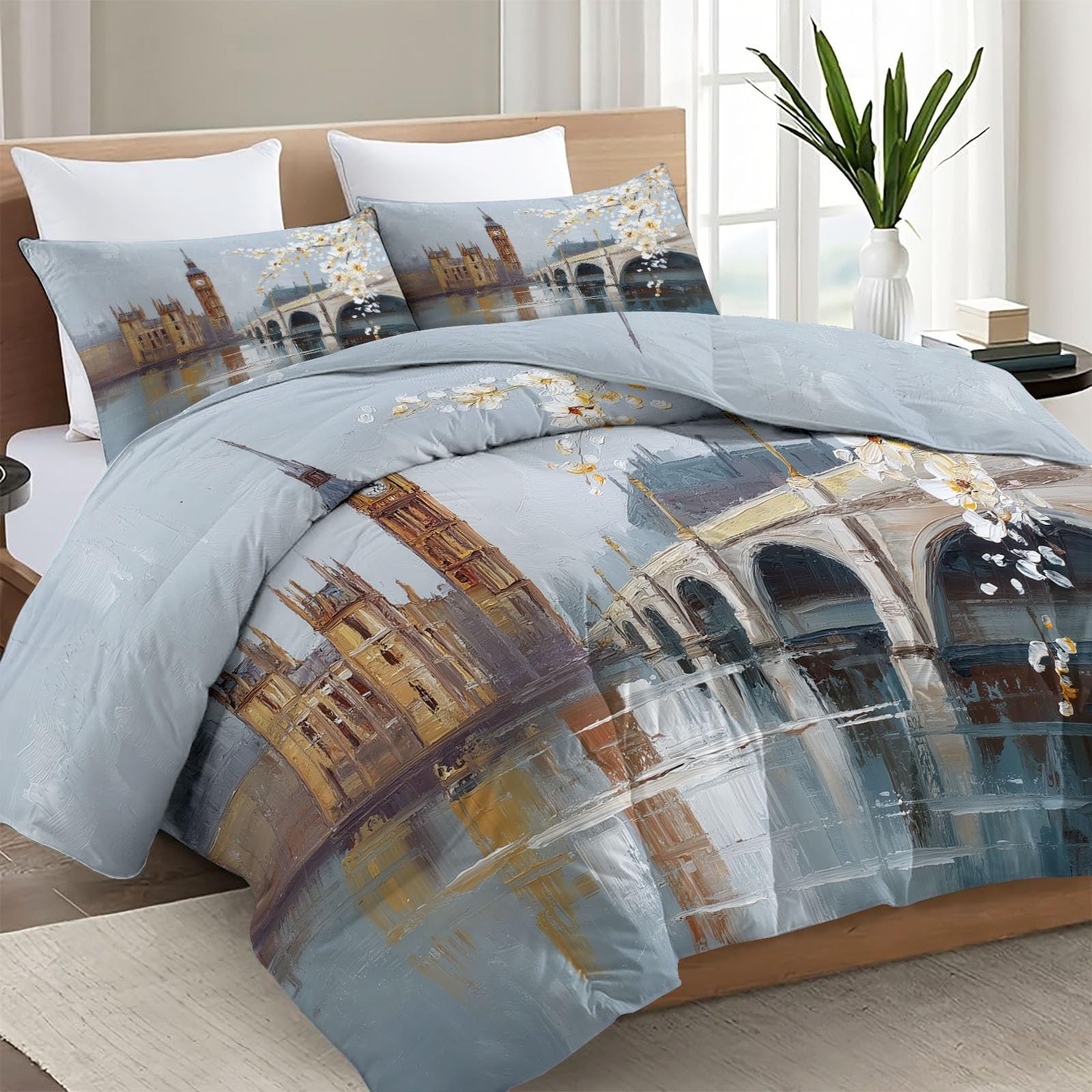Piumino Reversibile 200x200 cm - Architettura Astratta Ponte - Per l'autunno e l'inverno e per le camere con temperature medie - Tocco Piuma, Caldo, Traspirante, Fiori Bianchi