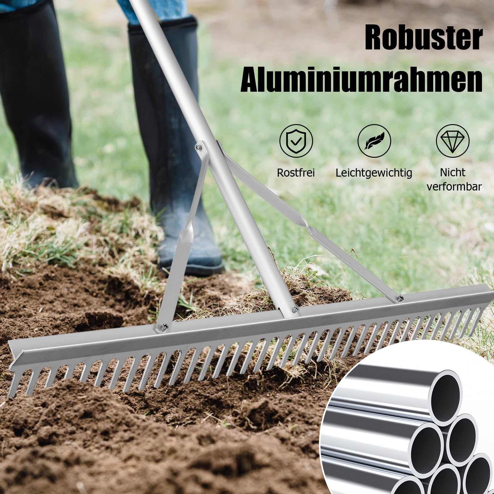 GOPLUS Grabie Ogrodowe o Szerokości Roboczej 92 cm, 36 Zębów i Trzonku 170 cm, Łatwe Łamanie Liści z Aluminium, Do Trawy, Poziomujące, Narzędzie Ogrodowe Do Liści i Trawnika