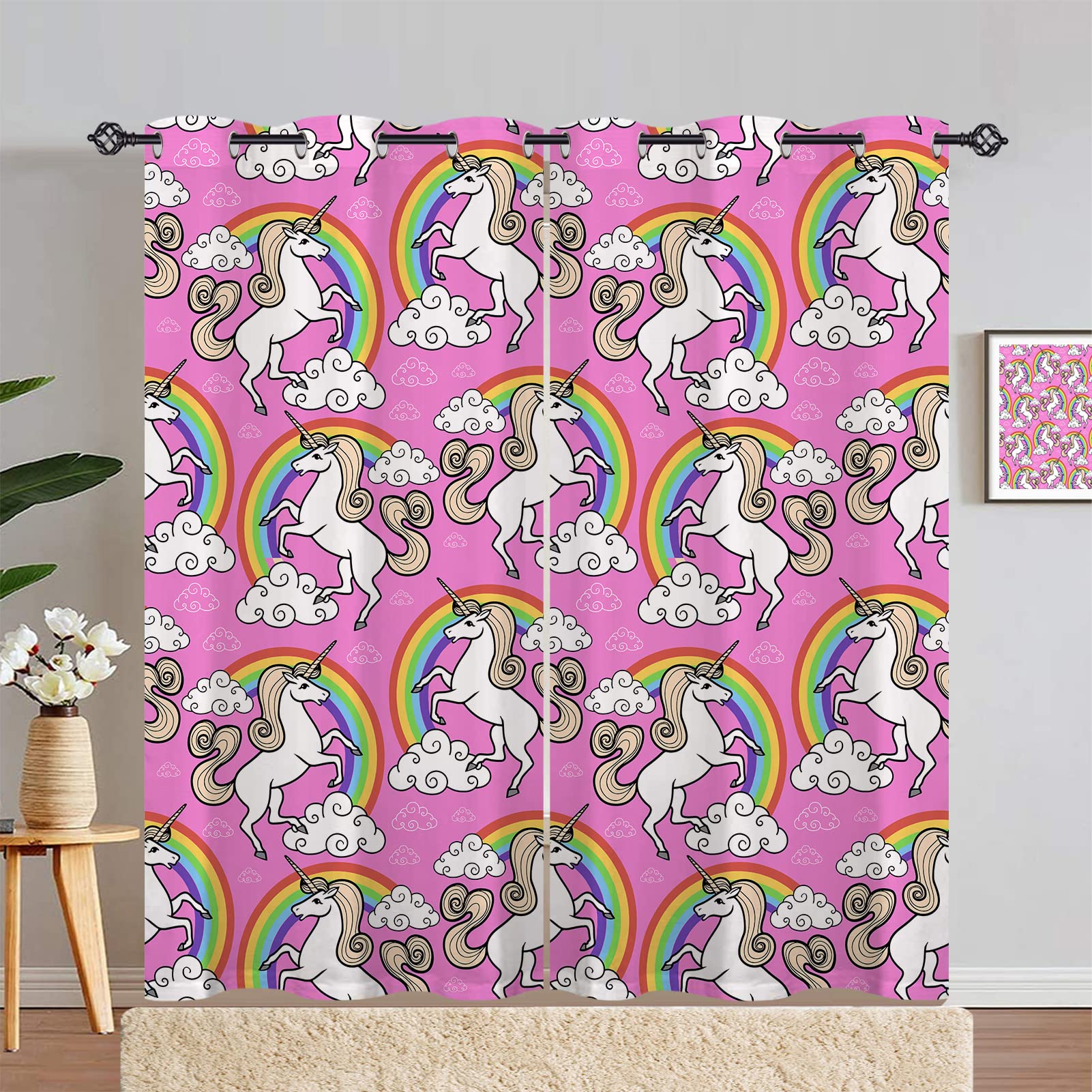 ANHOPE Unicorn Curtains Grommet Blackout Room Darkening Curtains with Cartoon Unicorn Rainbow Clouds Print Pattern Light Blocking Window Drapes for Kids Girls Bedroom Living Room 2 Panels 52 x 84 Inch