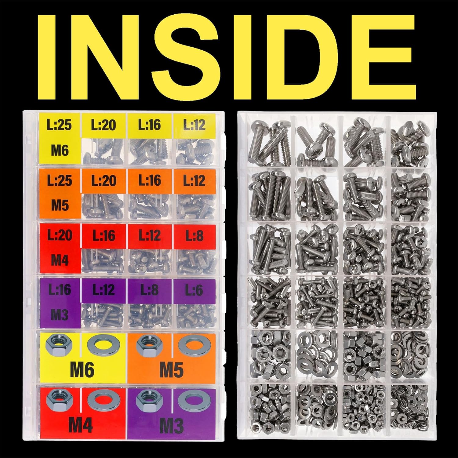 EEEEE 901pcs Phillips Pan Head Metric M3 M4 M5 M6, Machine Screw Assortment Kit Assorted Screws 304 Stainless Steel and Nut Set Flat Washers Nuts Hardware with Snap Lock Case