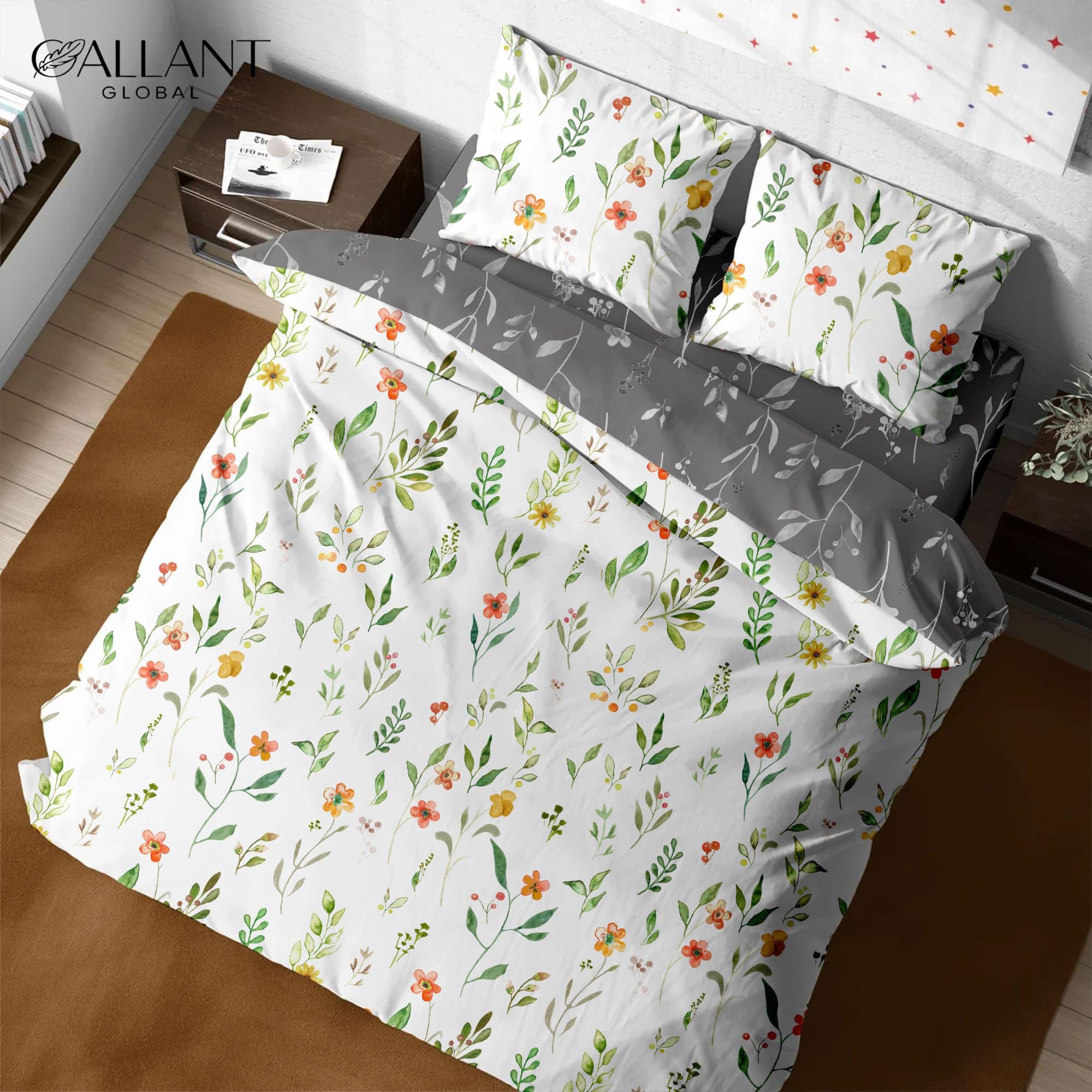 Gallant Global Printed Floral Duvet Sets 100% Microfibre Super Soft Bedding Sets Button Closure With 2 Pillowcase Reversible Multicolored Duvet Covers Set (White Flowers, Super King)