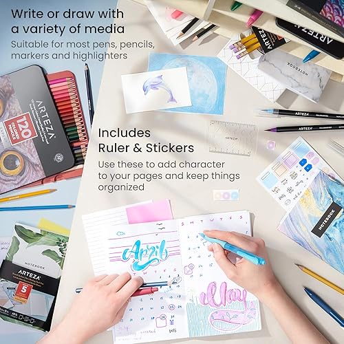 Miniatura 5 de ARTEZA Juego de cuadernos de bolsillo pequeño, 5 piezas, 5 x 8 pulgadas, 2 rayas, 2 puntos y 1 diario de tapa suave en blanco con papel de escritura