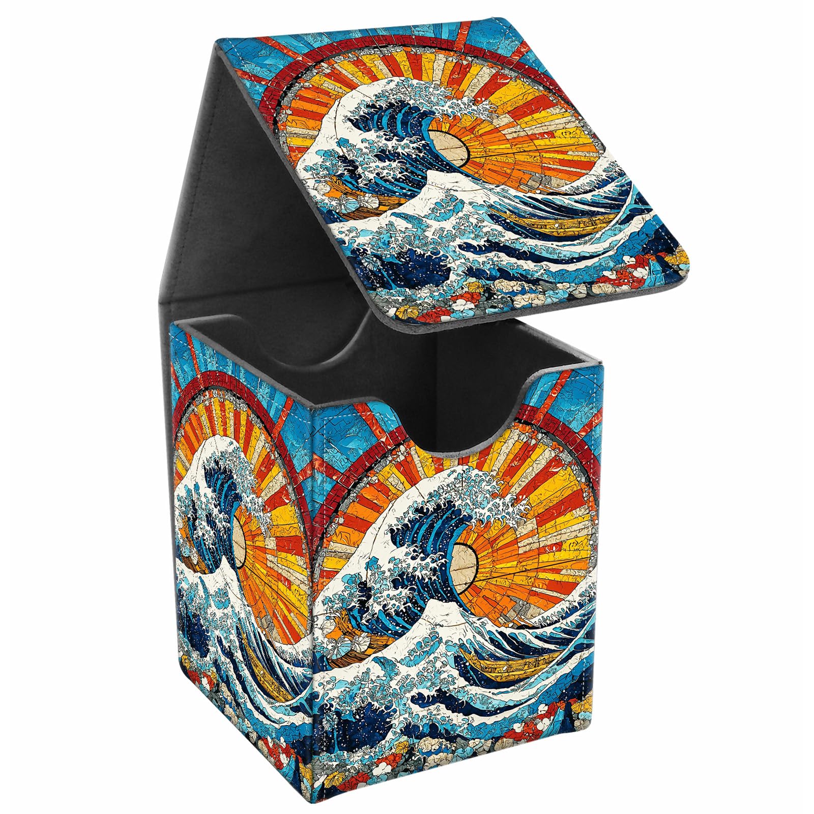 JANENFNA Card Deck Box, Card Storage Box Fits 100+ Single Sleeved Cards, Large Capacity PU Leather Card Storage Box with Strong Magnet for Magic Commander TCG/CCG, Japanese Wave