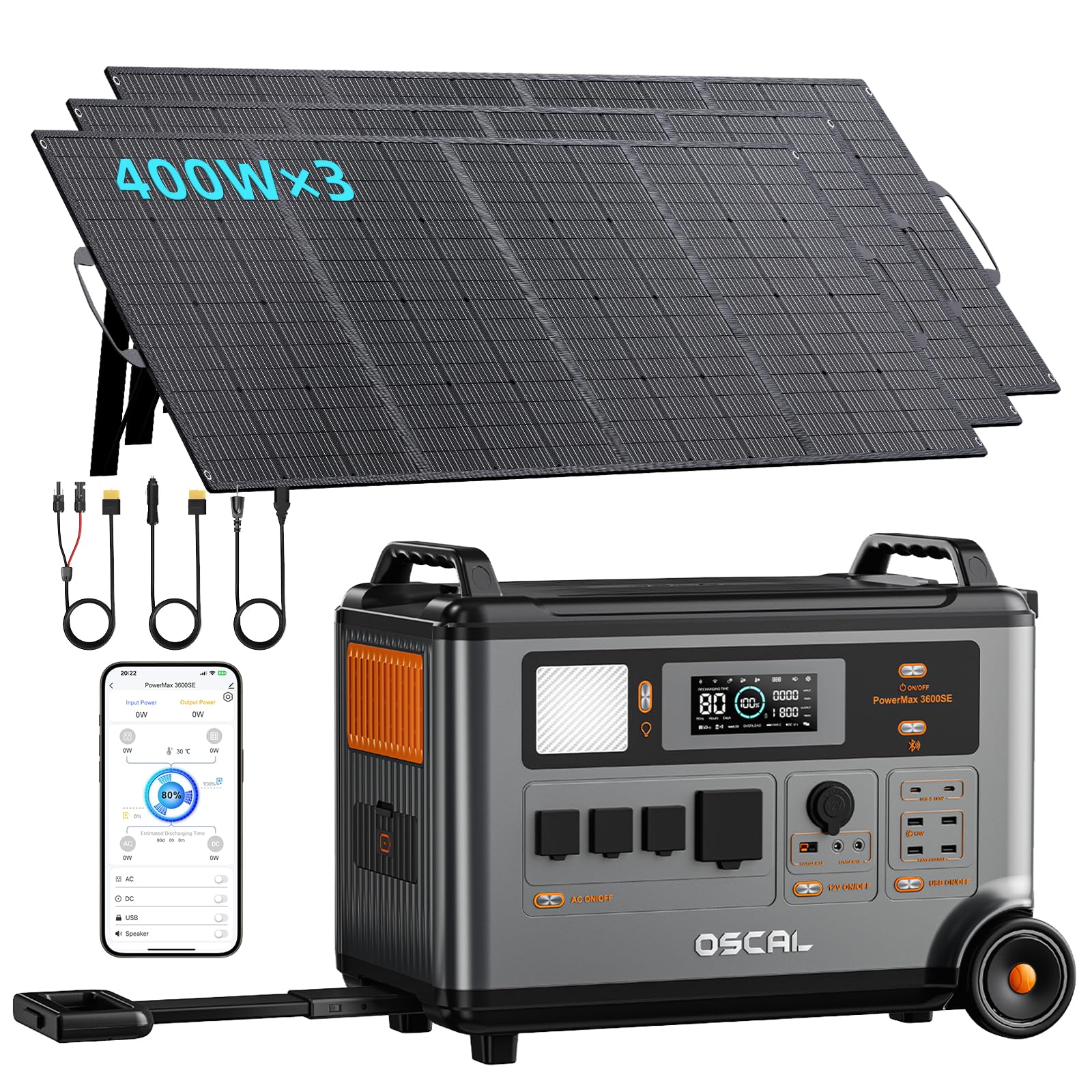 PowerMax 3600SE Stazione Elettrica Portatile 3600W (6000W Picco) 3600Wh LiFePO4 Generatore Solare con 4 Prese AC, UPS, Power station con 3 Pannello Solare da 400W per Casa, Camper, Campeggio