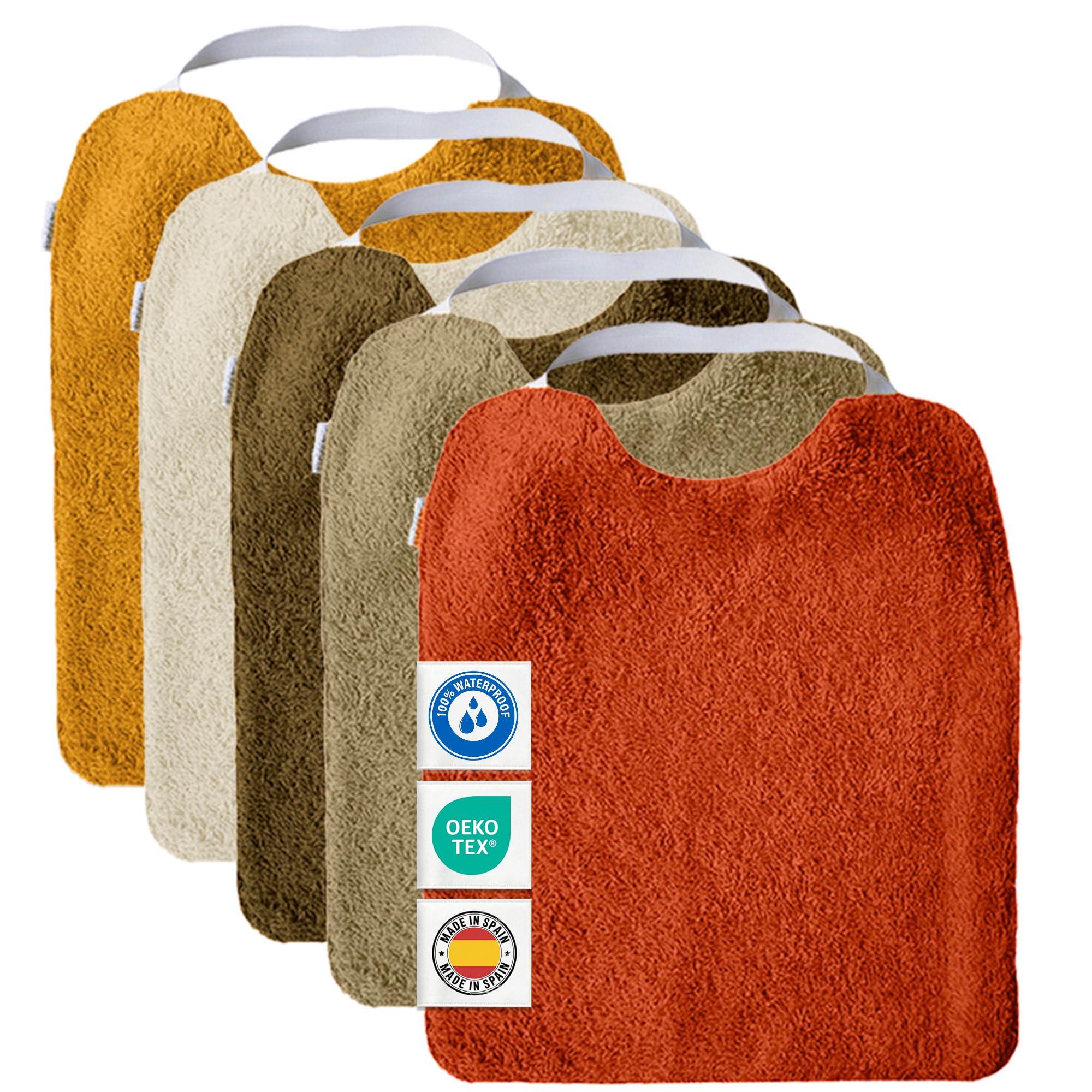 MIMUSELINA Set di 5 Bavaglini Neonato Impermeabili BLW in Spugna | Cotone Premium Oeko-Tex | Set Pappa Svezzamento Neonati | Grandi Bavaglini Asilo con Elastico al Collo | Realizzati a mano Spagna