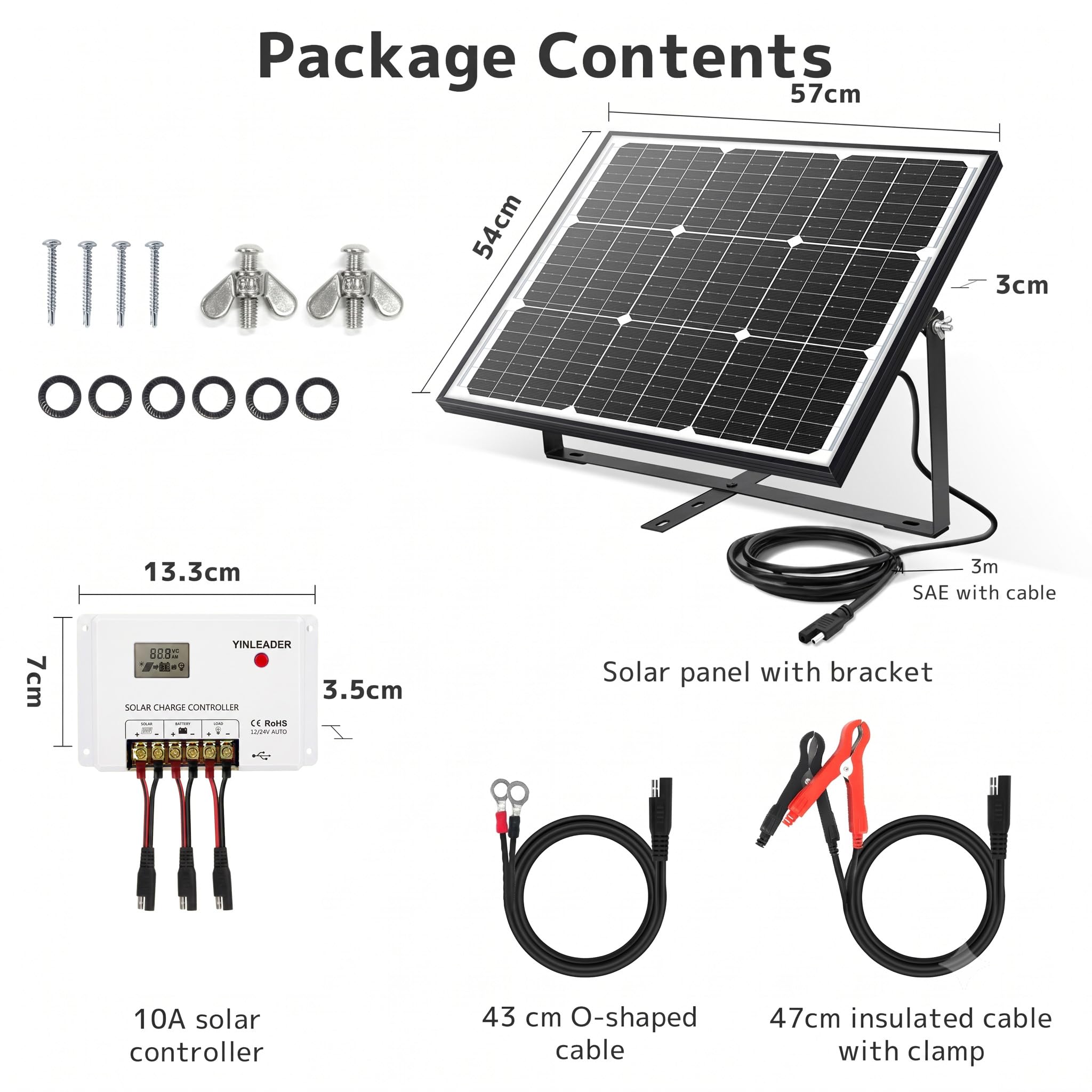 Yinleader 50W Solarpanel 12V Monokristallin Komplettset mit PWM Laderegler | PWM Laderegler SAE Krokodilklemmen & Ringkabelschuhe inklusive. Ideal für Autobatterie Wohnmobil Caravan Boot Balkon Camping.