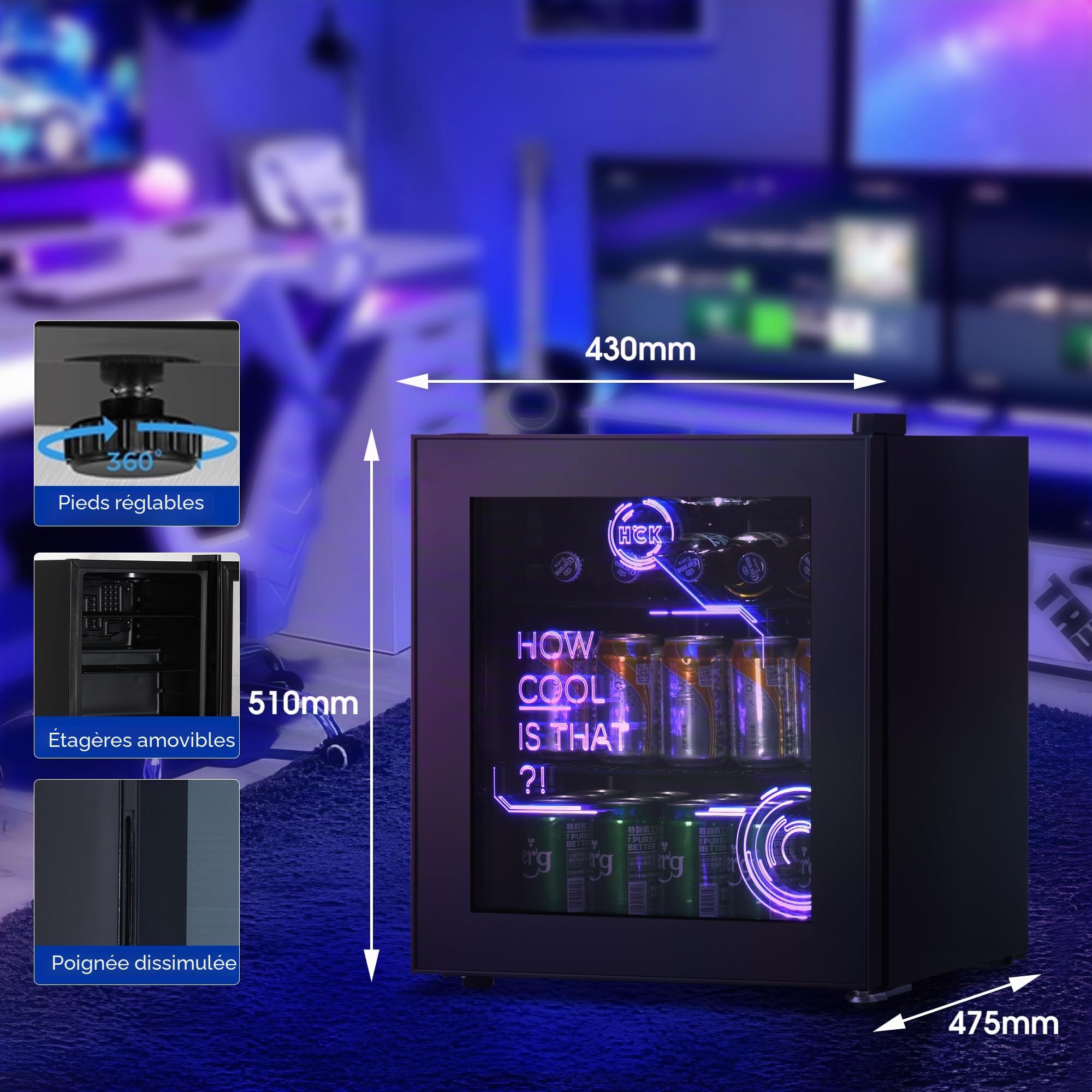 HCK Mini Frigo 48L Réfrigérateur Boissons Silencieux 0-15°C Cyberpunk Noir