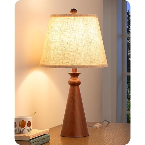 EDISHINE 21.85" Boho Table Lamp, Rustic Bedside Lamp, Water Transfer Red Wood Grain Metal Base, Beige Linen Shade, Farmhouse Nightstand Lamp for Living Room, Bedroom, Office, E26 Base