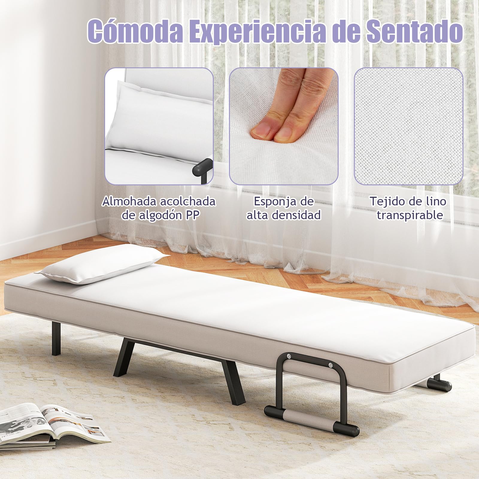 GOPLUS Sofá Cama Individual, Sillón Relax Reclinable 4 en 1 con Respaldo Ajustable en 6 Posiciones, Almohada y Orejero, Butaca de Salón 1 Plaza para Oficina, Salón, Carga 150kg (Blanco)