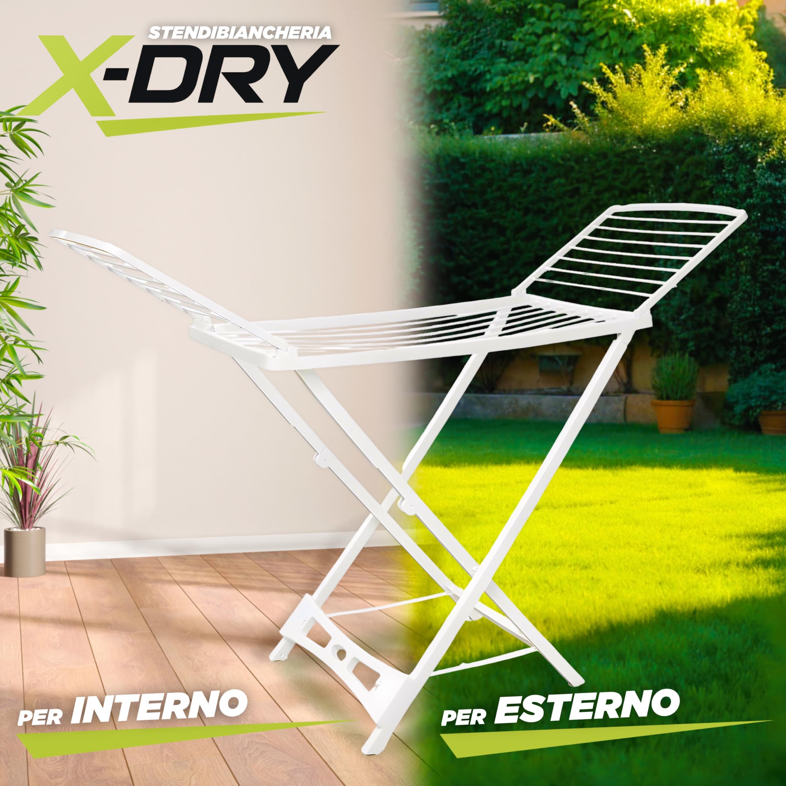 X-DRY Stendibiancheria da Pavimento, Stendino a Cavalletto, da Esterno e Interno, Richiudibile, Spazio di Stenditura 20 mt, in Resina 100%, 173 x 55 x 130h cm, Made in Italy.
