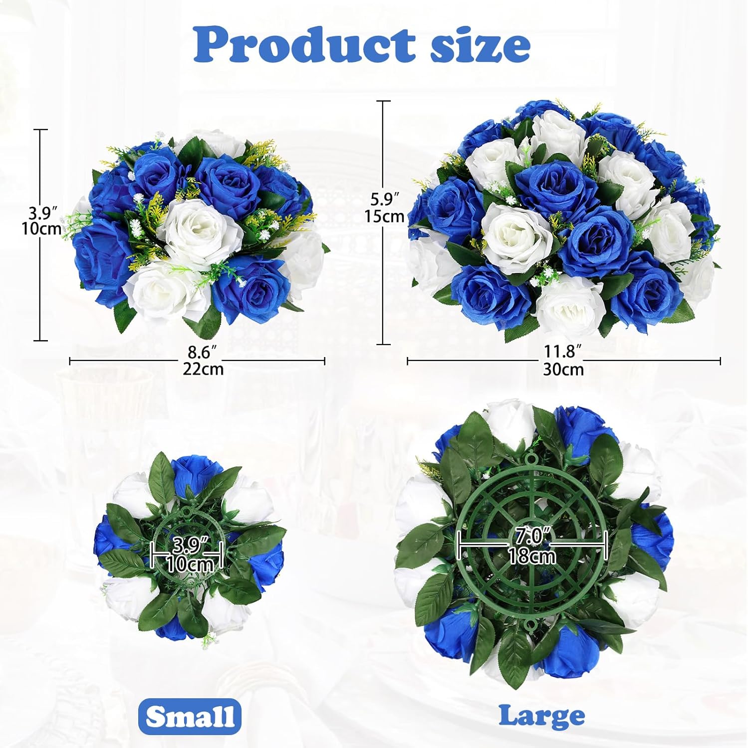 Briful Artificial Flower Balls for Tables Centerpieces – 2PCS 8.6" Silk Rose Floral Arrangement with Plastic Base Fake Floral Bouquet for Wedding Parties Baby Showers DIY Event Home Decor(Blue White)