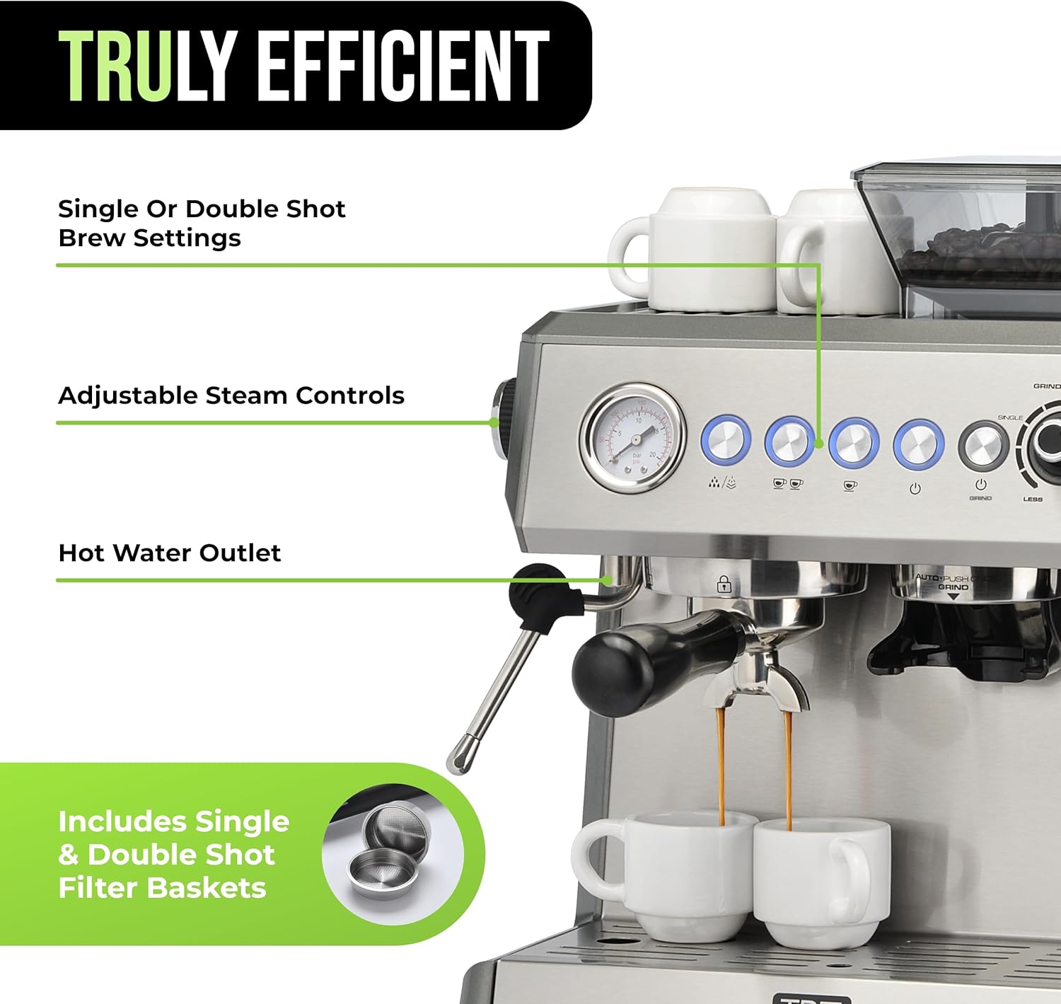Tru All-in-One Espresso Maker highlighting single/double shot settings and hot water outlet