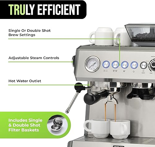 Miniatura 4 de Tru Máquina de espresso semiautomática todo en uno de 15 barras con molinillo y espumador de acero inoxidable CM-7301