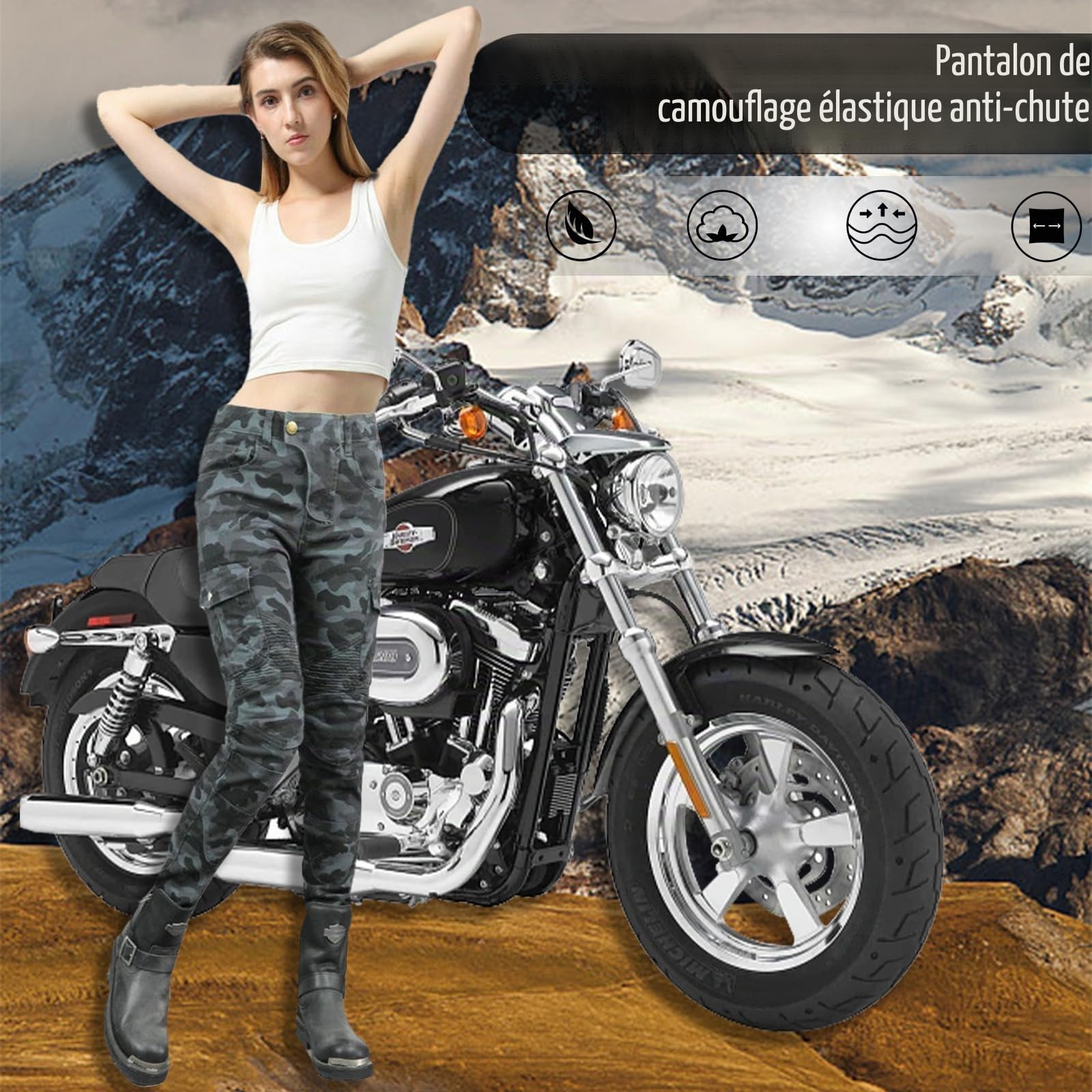 HULG Pantalon De Moto Pour Femmes Avec équipement De Protection, Pantalon De Moto Camouflage, Pantalon De Moto Extensible XXS-M (Camouflage-blue,XXS)