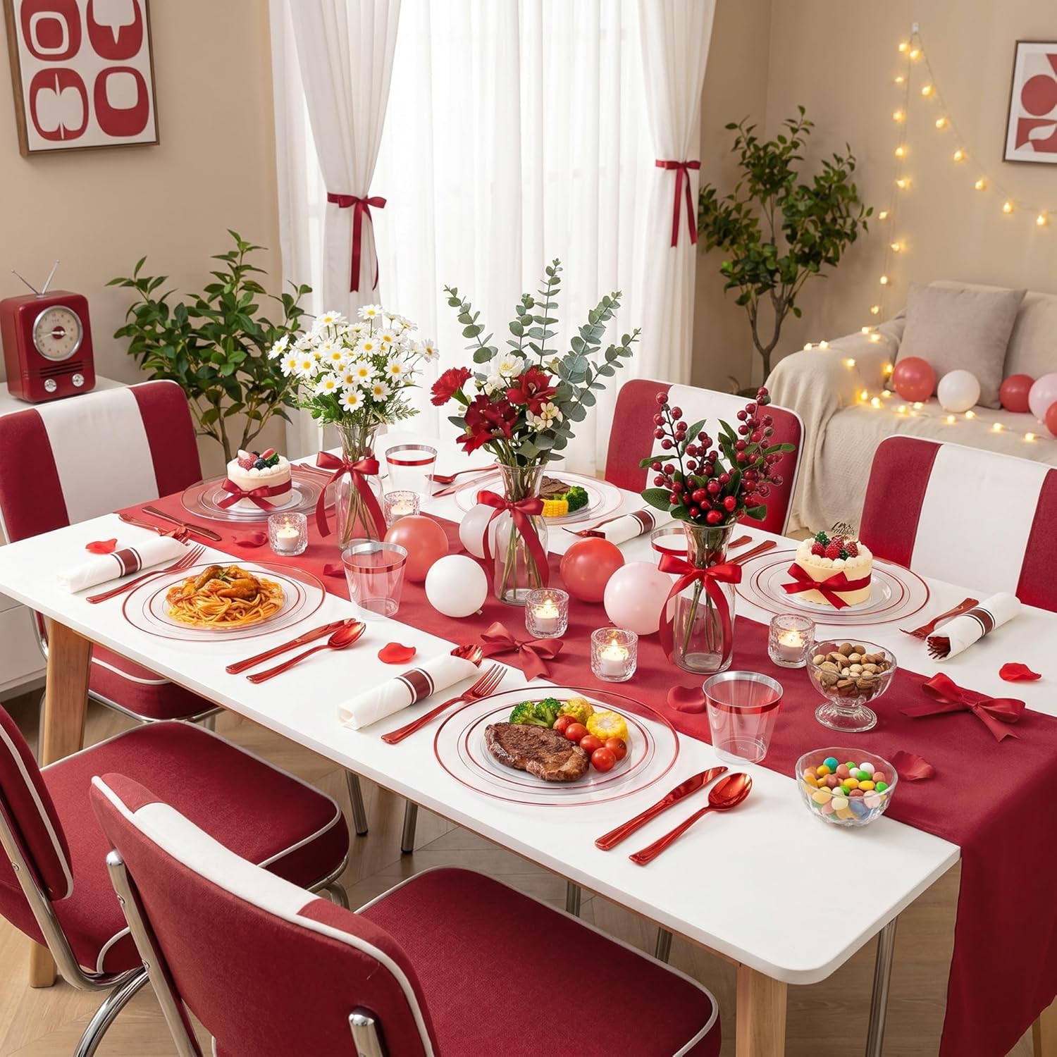 I00000 350 Pcs Red Plastic Dinnerware Set for 50 Guests,Clear Red Plates Set Include: 100 Plates, 50 Cups, 50 Per Rolled Napkins with Cutlery for Wedding & Party