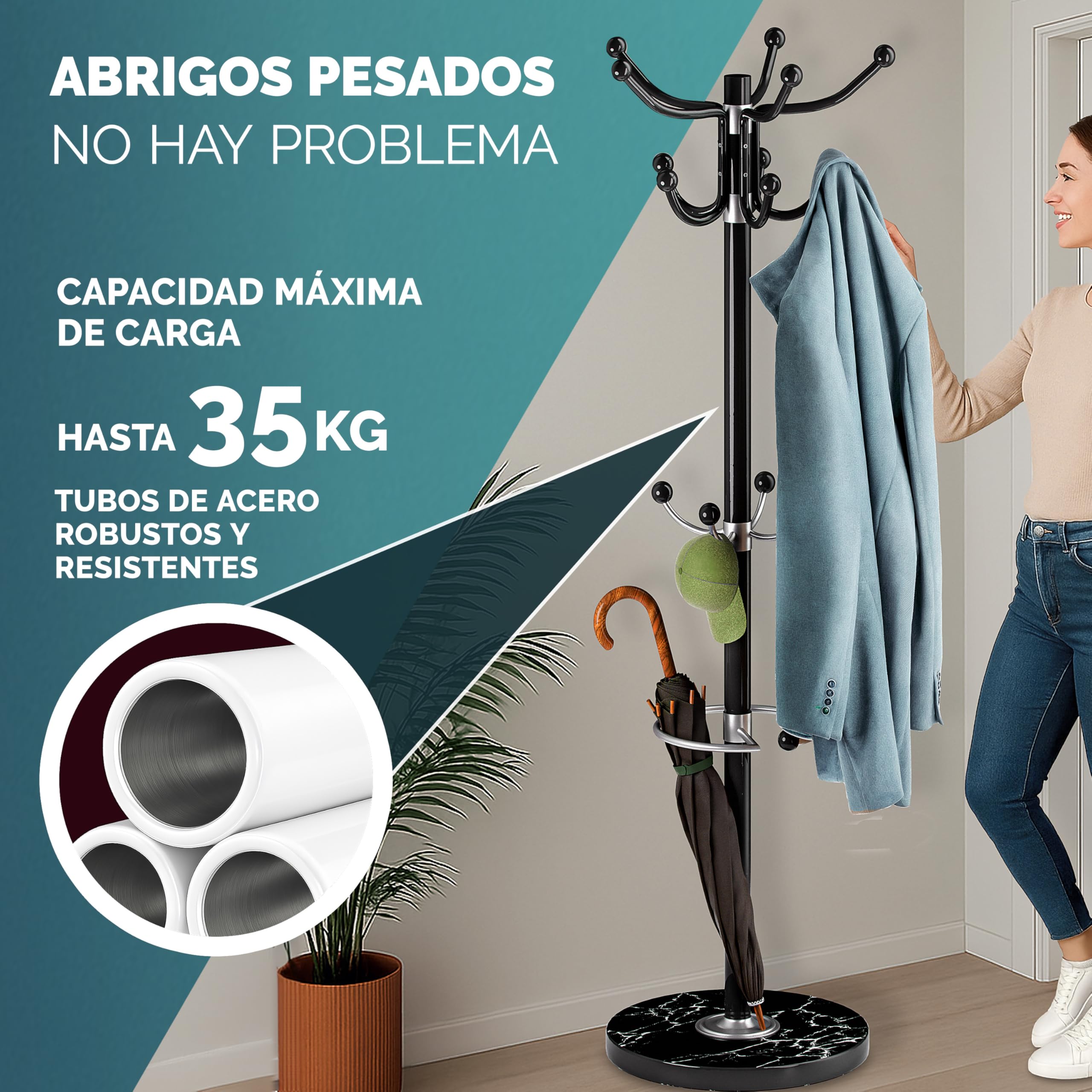 CASARIA® Perchero de Pie, Forma de Árbol, Percheros Pasillo,14 Ganchos, Base Mármol, Recibidor Entrada, Colgador Chaquetas Sombreros Ropa Resistente Bolsos 175x37cm