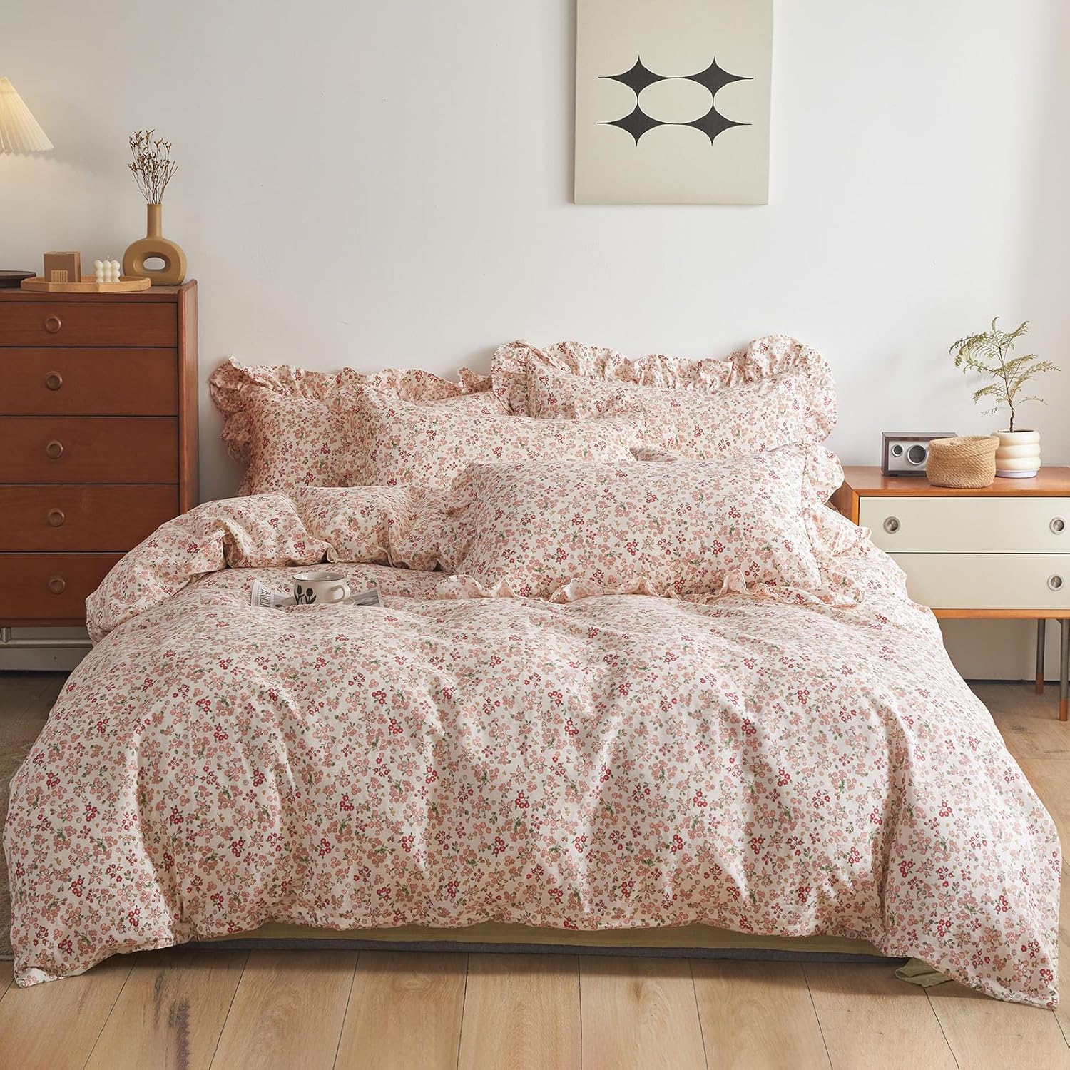 LifeTB Pink Flower Comforter Set Queen Floral Printed Aesthetic Bedding Set Vintage Garden Style Floral Comforter with 2 Pillowcases Girls Cute Flower