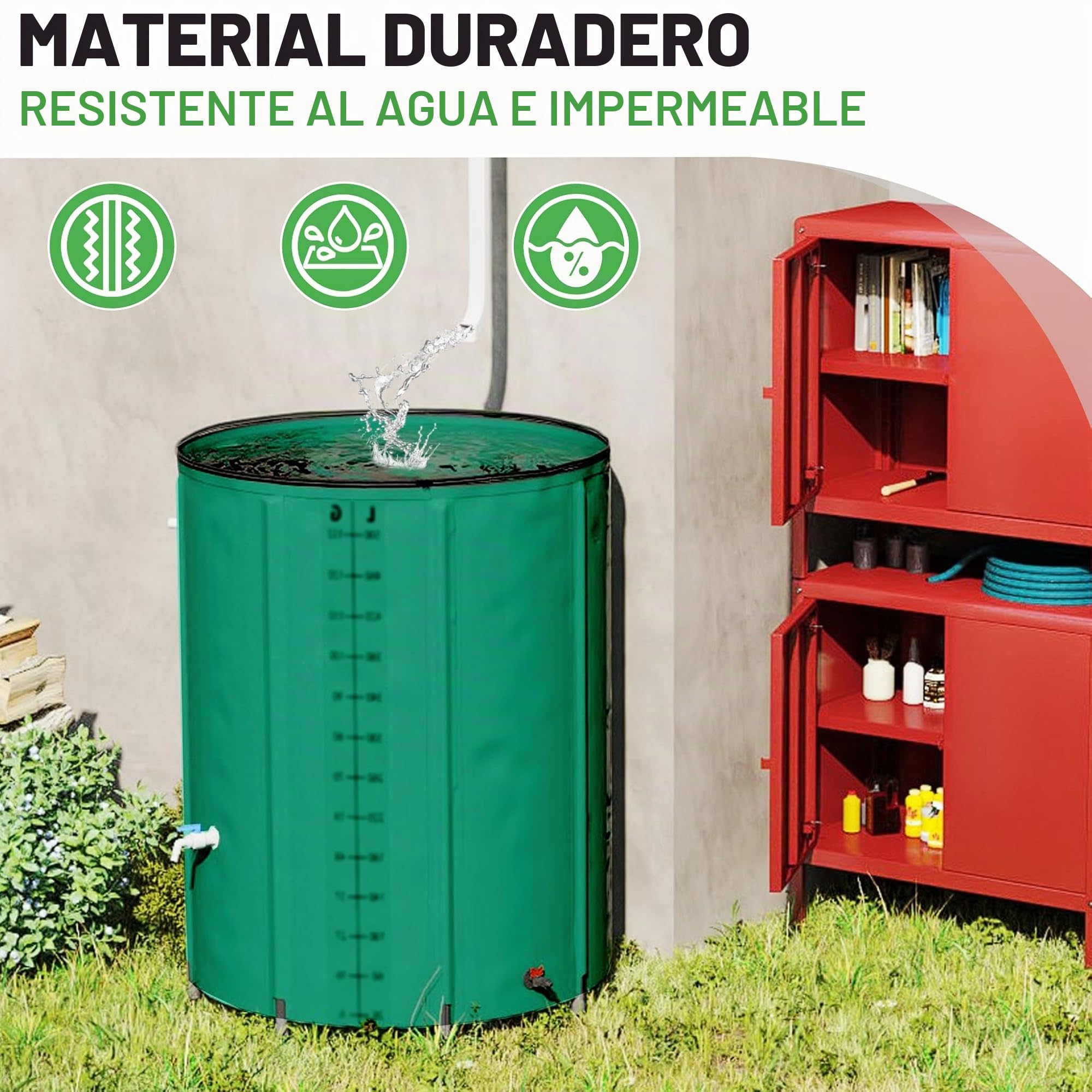 Aufun Plegable Barril de Agua de Lluvia, 200L Barril de Agua de Lluvia Tanque de Agua (Verde), AF-(HAG8570A-V) | Con válvula de drenaje y escala de volumen, fácil almacenamiento, inoxidable y resistente a la intemperie