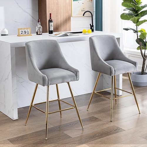 Juego de 2 sillas de bar de terciopelo, decoración moderna de la serie de muebles, patas de metal dorado pulido