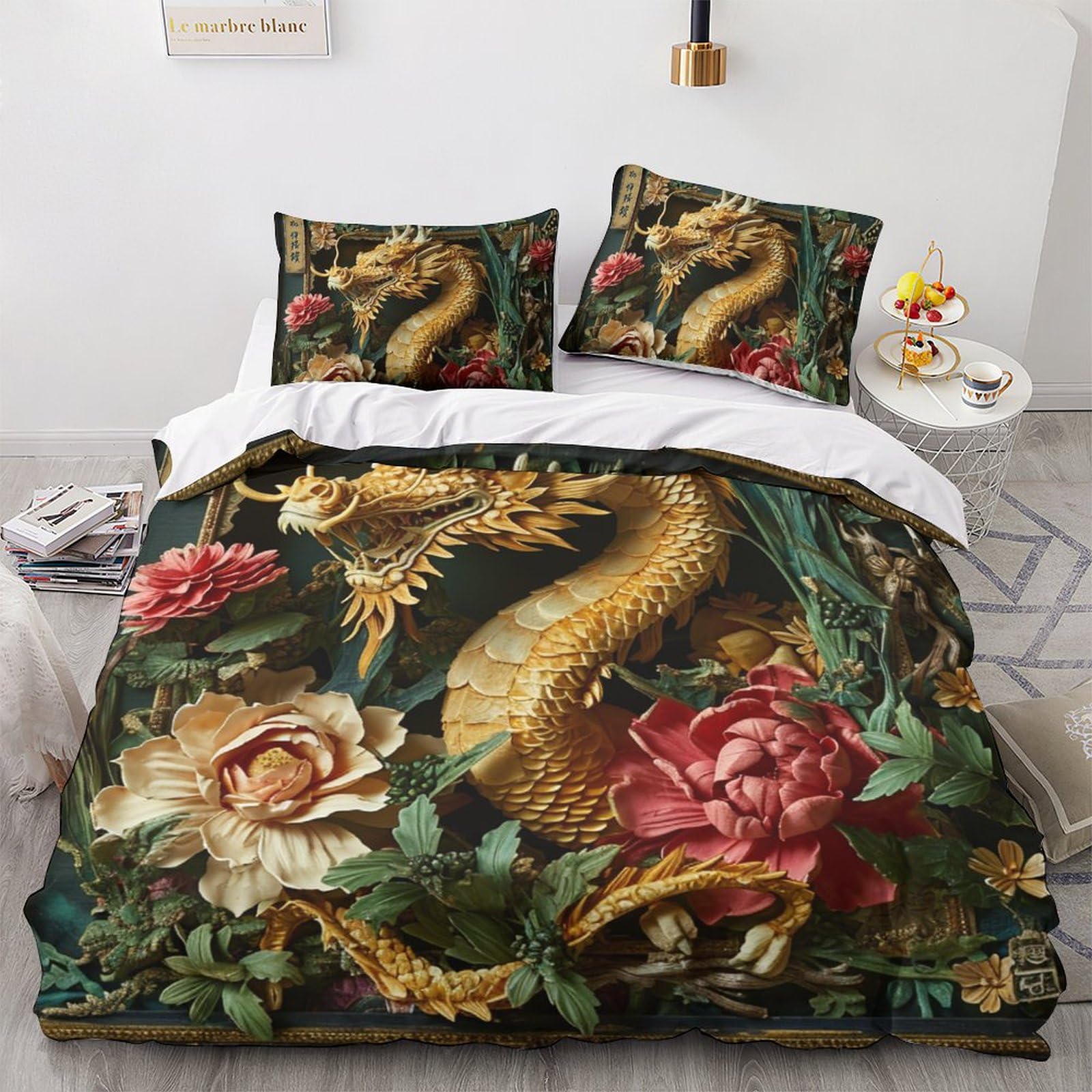 Housse de couette dragon chinois parure de lit 3 pièces pour une chambre zen et moderne