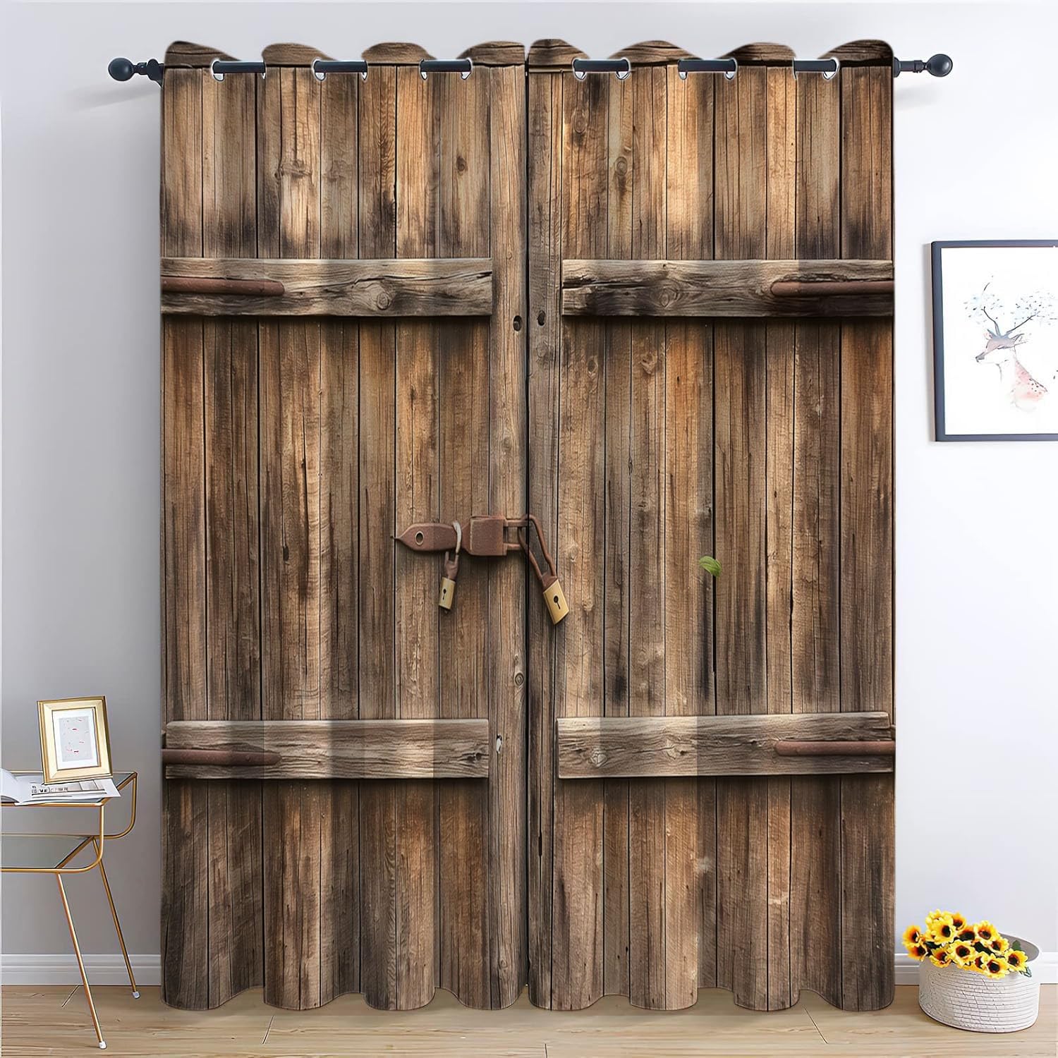 Rideaux Occultants Thermiques à Oeillets Vieille porte de grange en bois - Isolants Anti Froid et Chaleur, Anti-UV, 183 x 214cm Style ferme de campagne - Pour Porte, Chambre, Cuisine, Dressing
