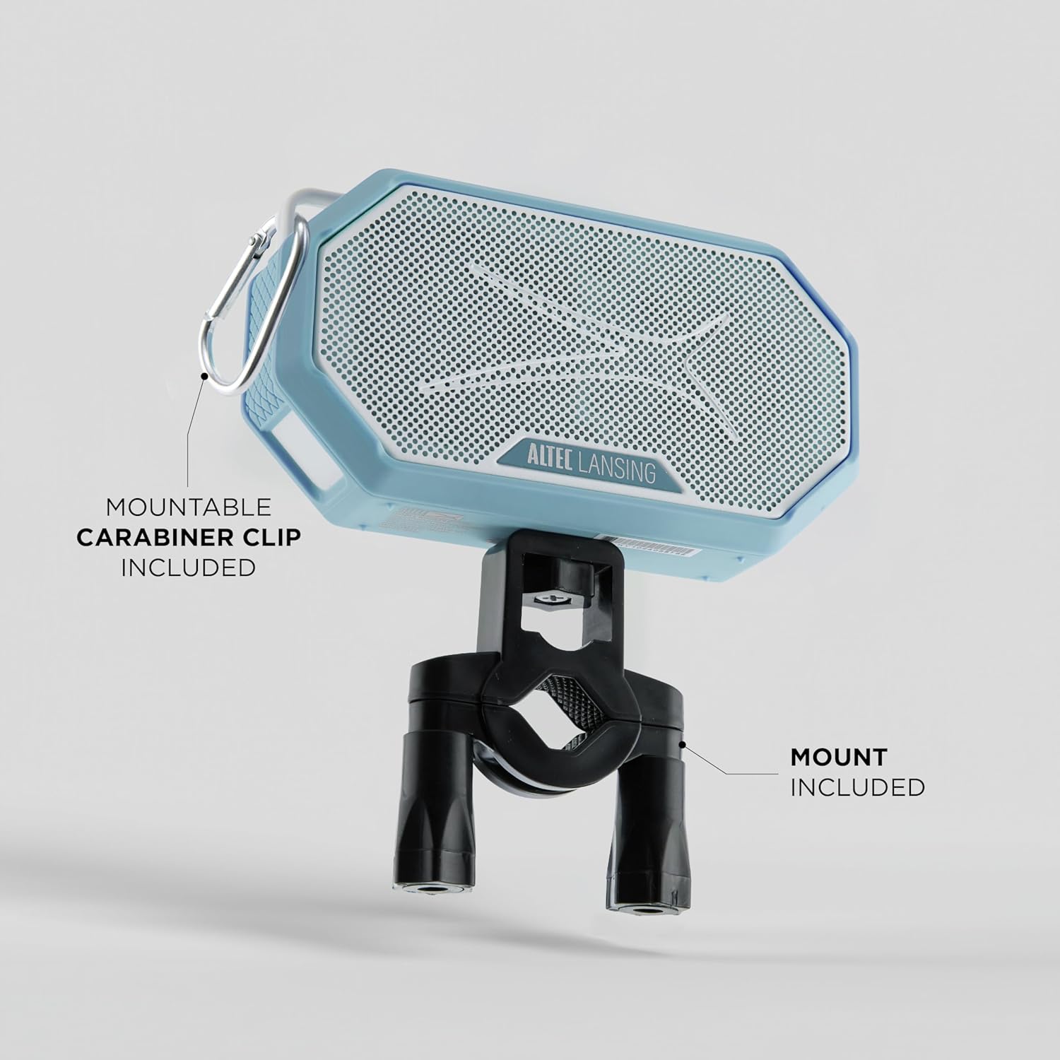 Altec Lansing HYDRAMINI 2.0 speaker attached to a bicycle handlebar using the included mount.
