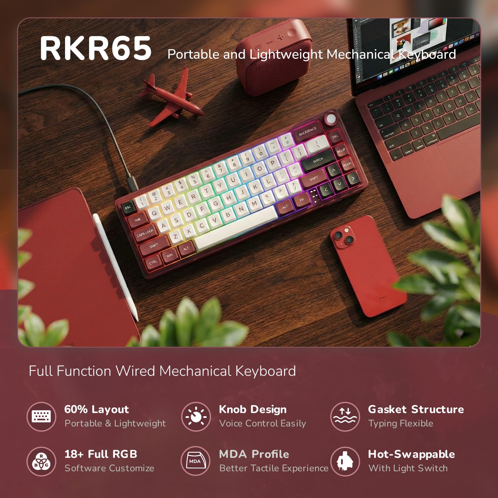 RK ROYAL KLUDGE Tastiera meccanica cablata R65 con manopola del volume, 60% percento RGB retroilluminato tastiera da gioco con guarnizione di montaggio con copritasti PBT, profilo MDA, QMK/VIA