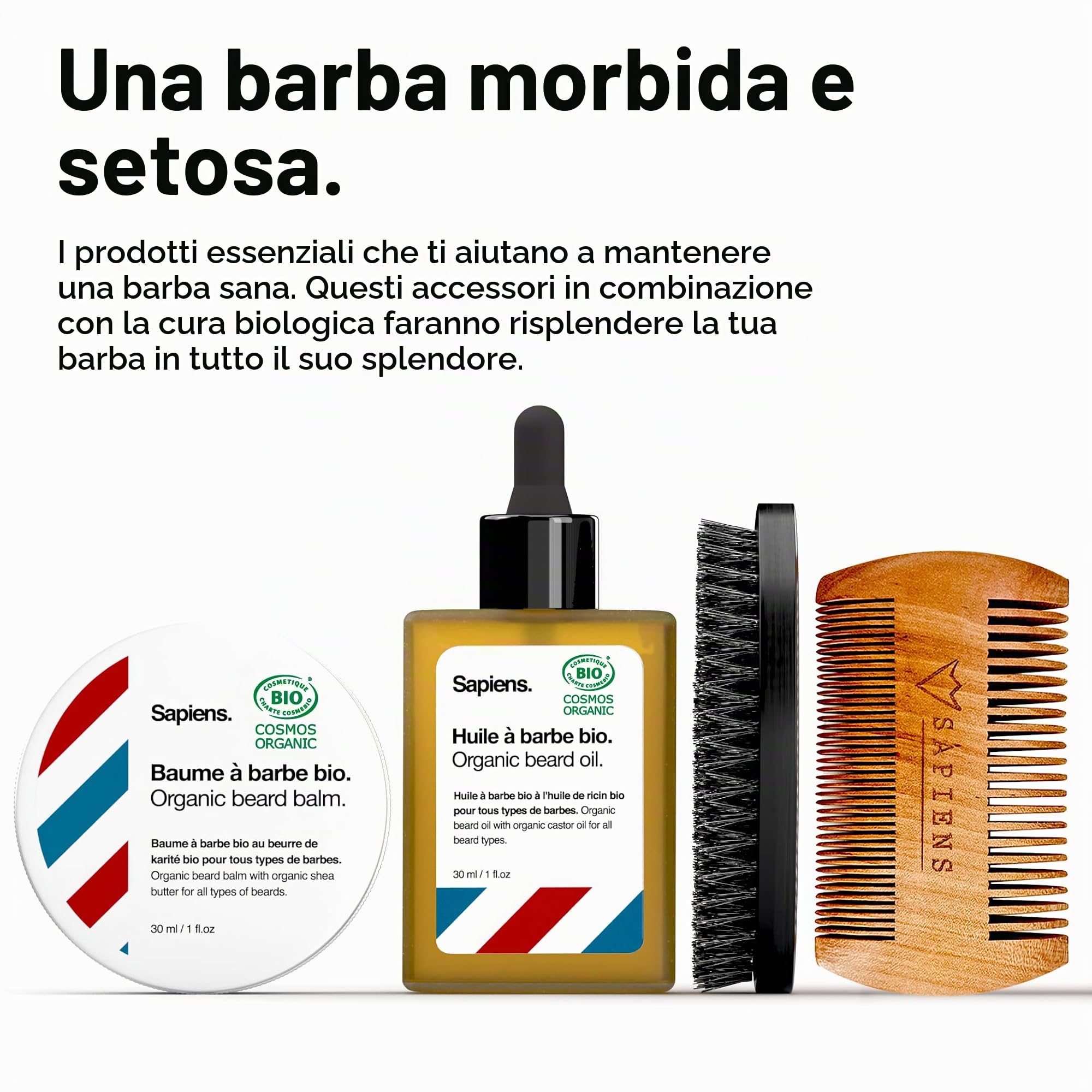 Kit Cura Barba Uomo e Rasatura Bio - Set regalo per uomo con cura della barba Made in France: gel da barba, olio per barba biologico, balsamo per barba biologico, rasoio, accessori, kit da toilette
