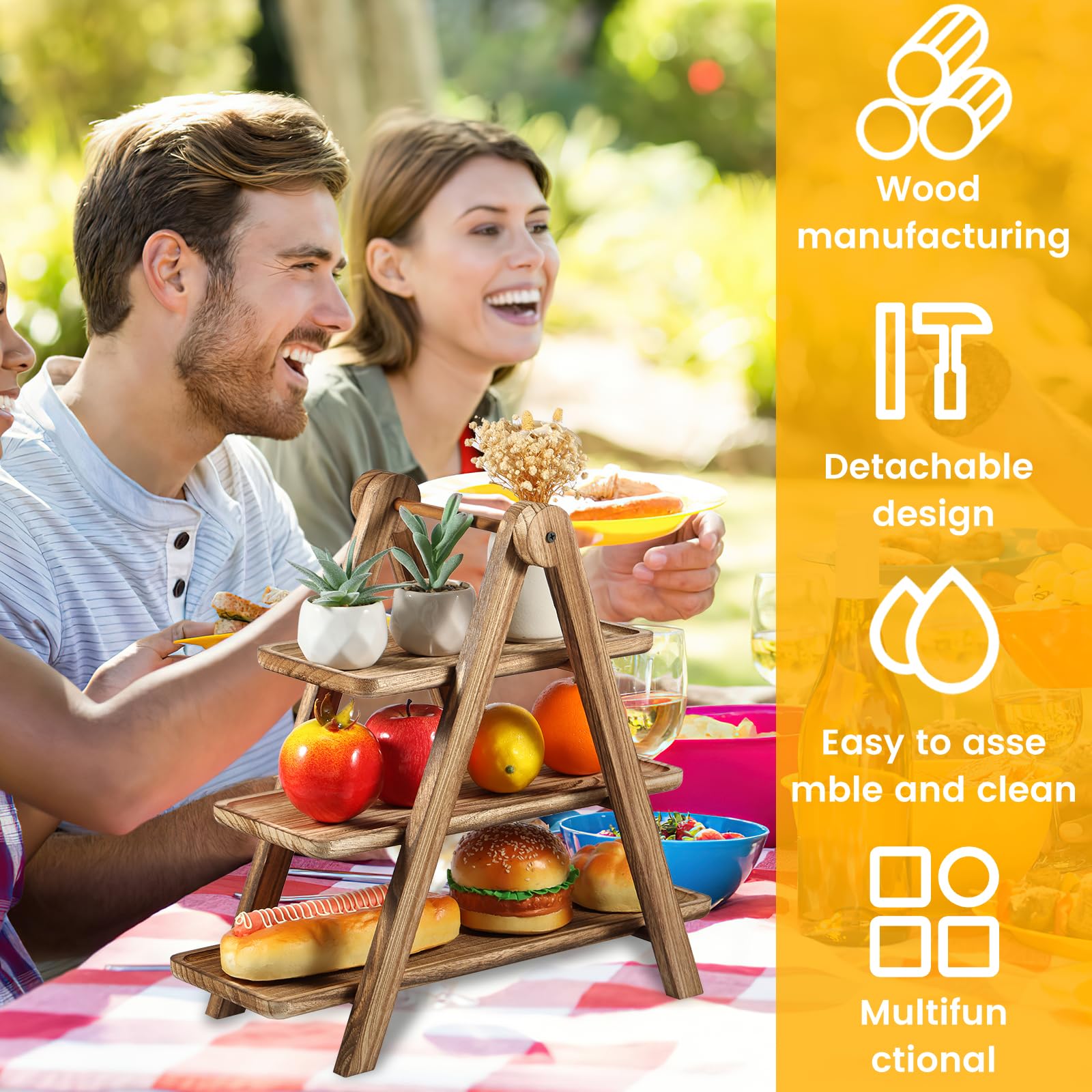 Wooden 3 Tier Serving Tray, Wood 3 Tier Dessert Stand, Wood Cupcake Stand Rectangle Serving Platter Food Display Trays, Versatile Tiered Tray Stand for Food, Party Trays, and Charcuterie Boards