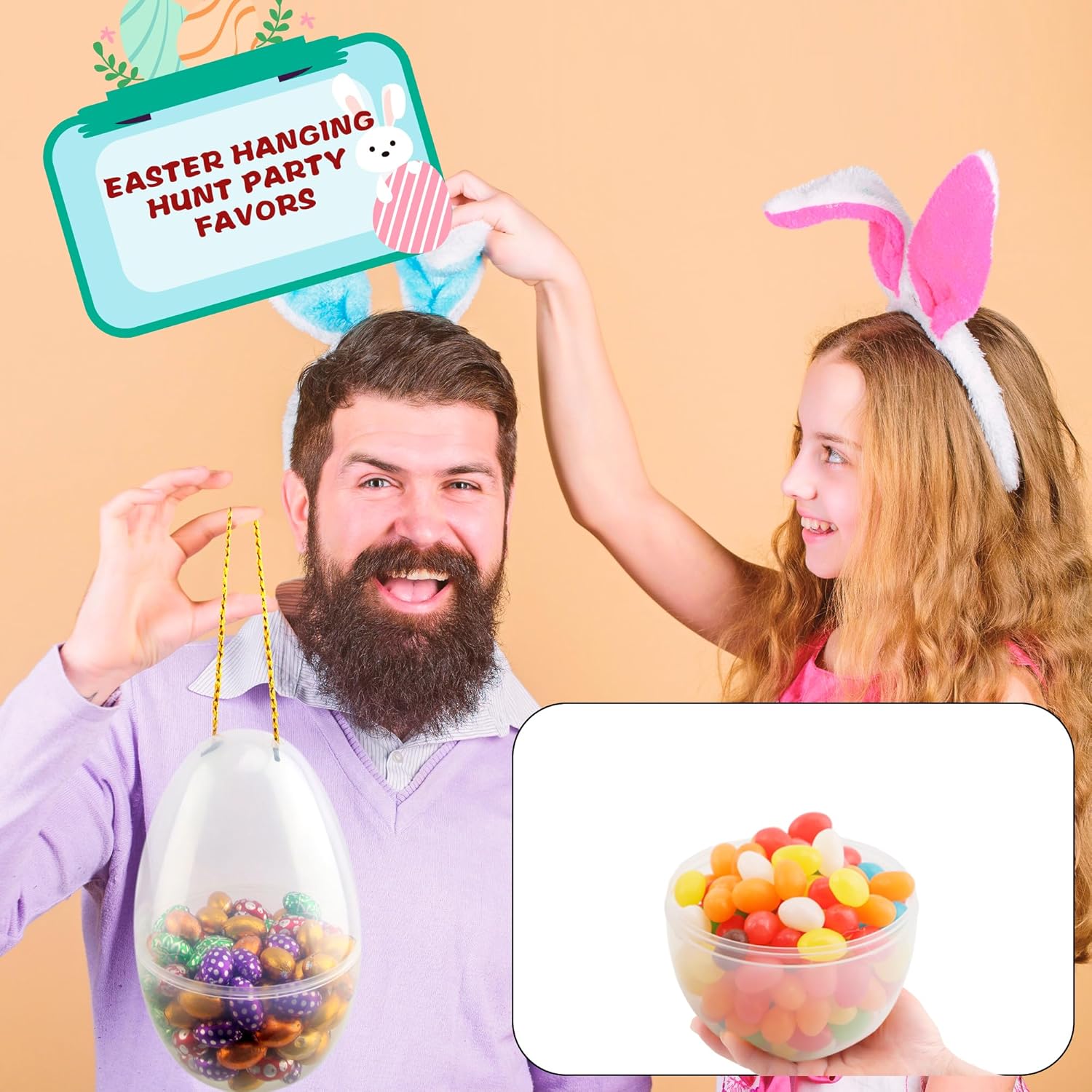 15 Pack 8 Inch Jumbo Easter Eggs Large Empty Fillable Eggs Transparency White Plastic Eggs with Handle Rope for Easter Basket Stuffers Egg Hunt Supplies