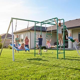 Hapfan 5-in-1 Metal Swing Set with Monkey Bars and Climbing Net (Best Value)