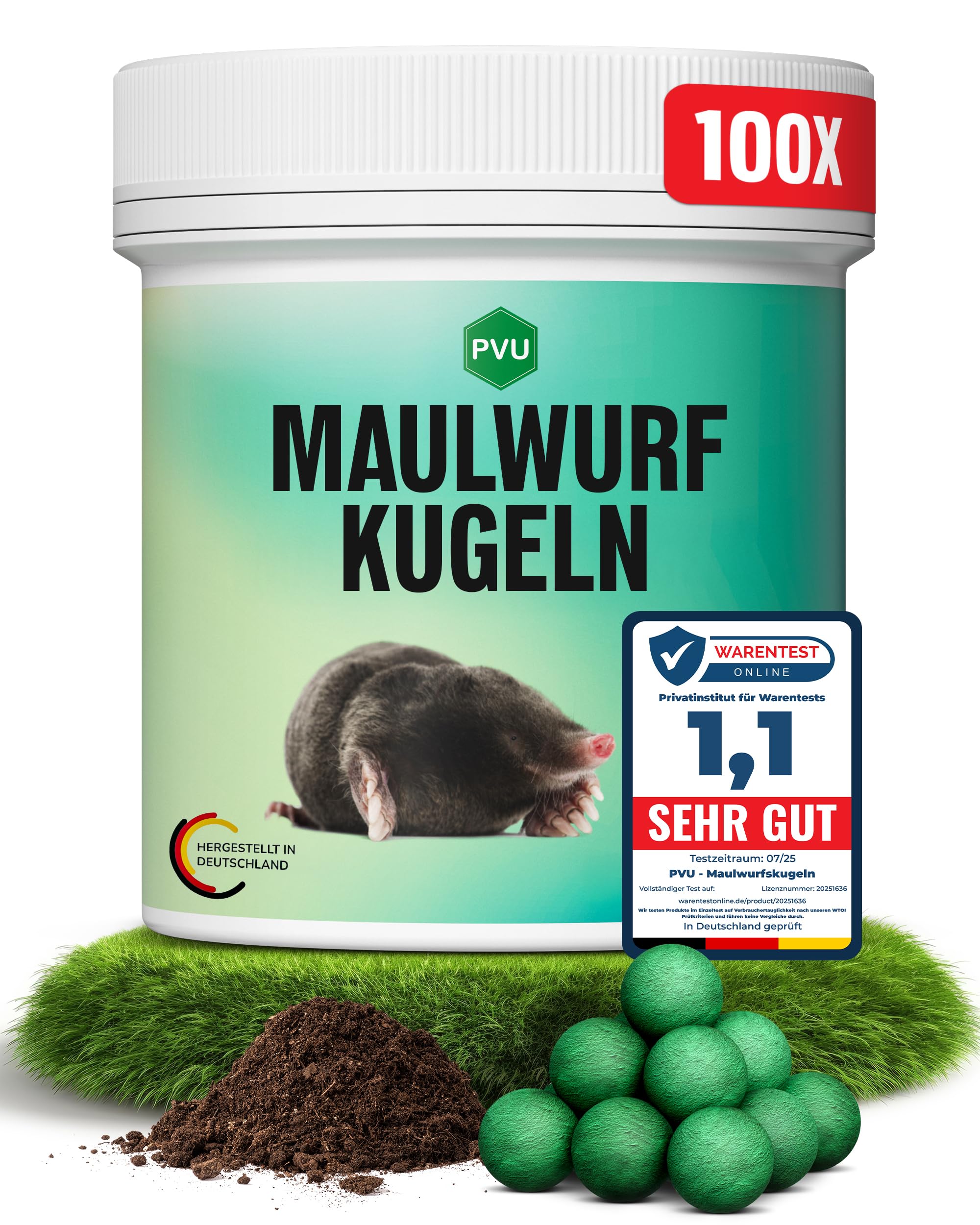 PVU MAULWURF Kugeln 100 Stück - Maulwurf Vertreiber & Wühlmausschreck - Sofort-& Langzeitwirkung - EUKALYPTUS Zitrone Duft - Effektives Mittel gegen Maulwürfe & Wühlmäuse - biologisch abbaubare Kugeln