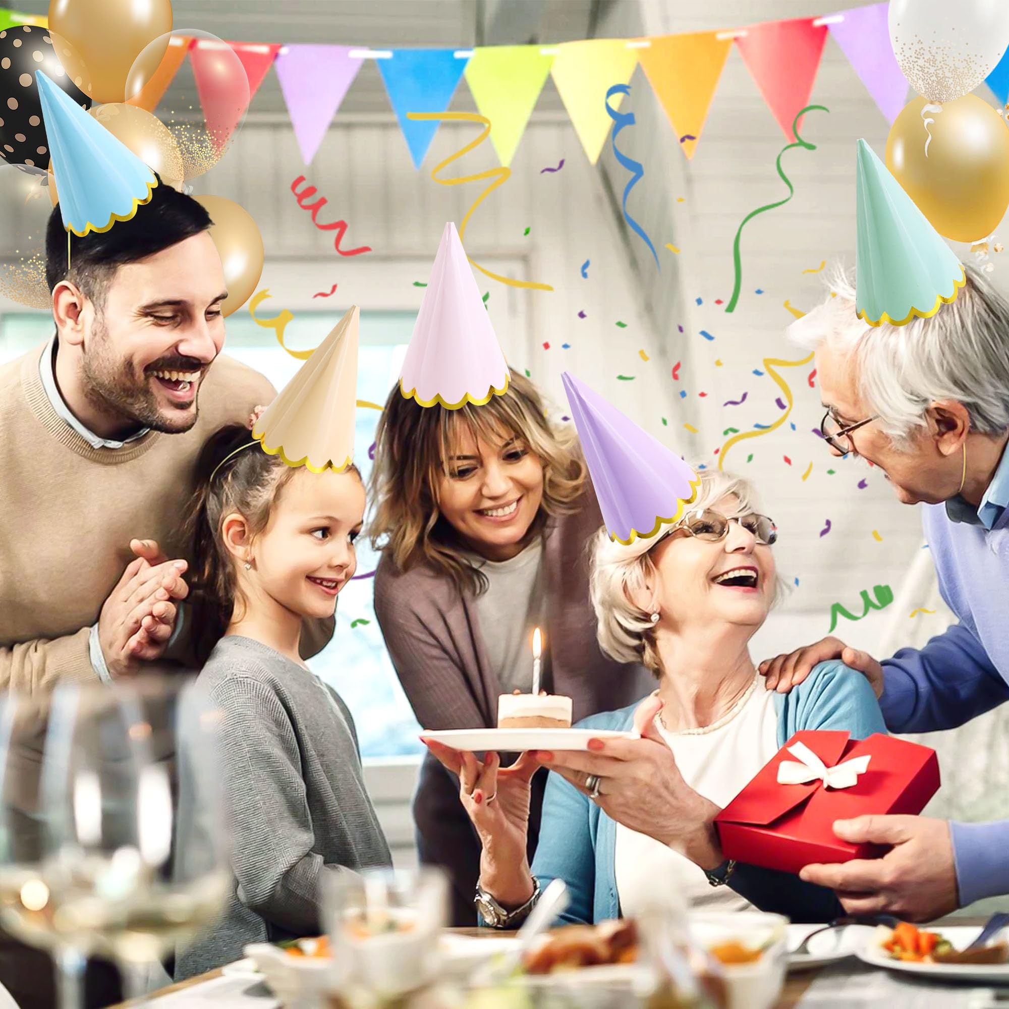 CANREVEL 24 PCS Pastel Party Hats for Kids and Adults, Pastel Party Decorations, Party Headwear for Birthday|Celebration|Party Supplies, Macaron Cone Kids Hats for Girls Boys Women Men