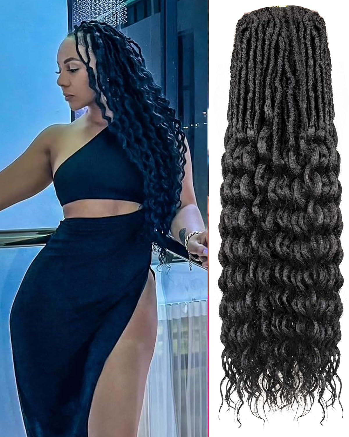 Deep Wave Faux Locs Crochet Hair for Black Women,24 Inches 8 Packs 112 Strands,Pre Looped Natural Black Synthetic Hair Extensions,Soft Goddess Locs Braids with Long Deep Wave Curly Ends(24"-8P,1B)