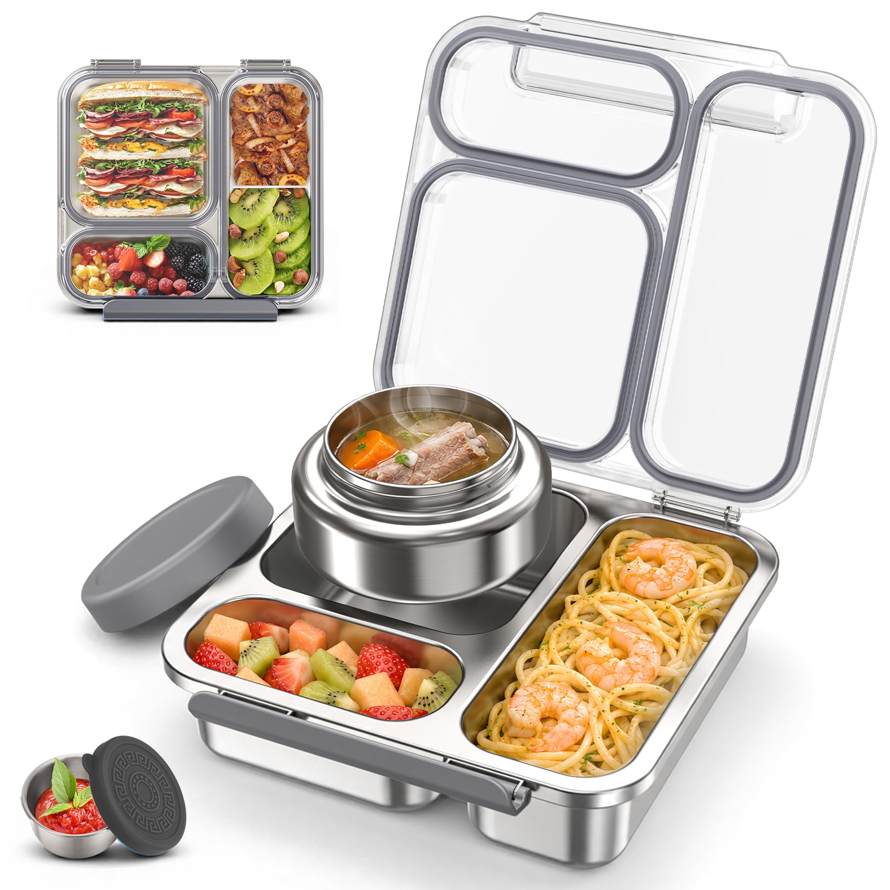 Stainless Steel Bento Box Kids Adult with 7oz Soup Thermo, Transparent Lid 3 Compartments…