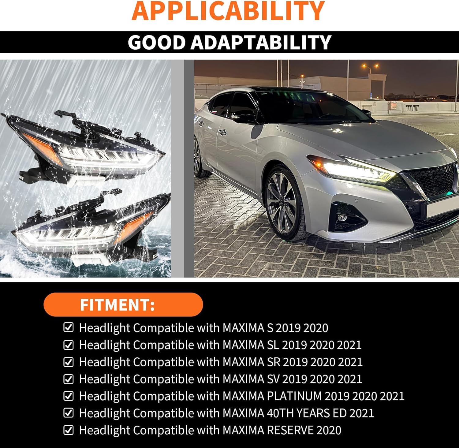 Pair Headlight Compatible with 2019-2021 Maxima S SL SR SV Platinum Headlamp NI2502269 NI2503269 (Left+Right)
