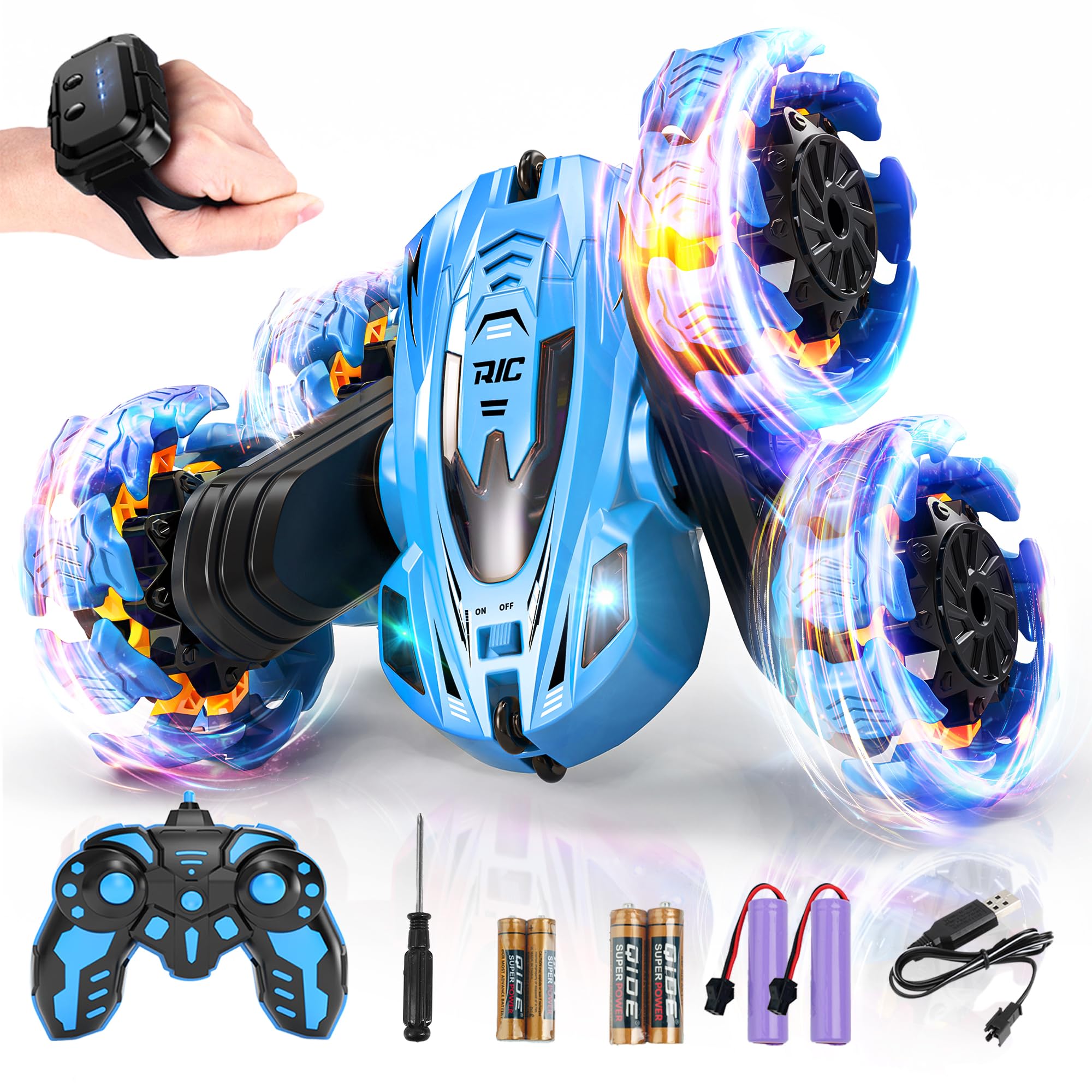 BEZGAR Remote Control Car - Gesture Sensing Explosive Wheel RC Car with Double Sided 360° Rotate, 4WD with Headlights, Rechargeable Batteries, Xmas Gifts for Boys (Blue)