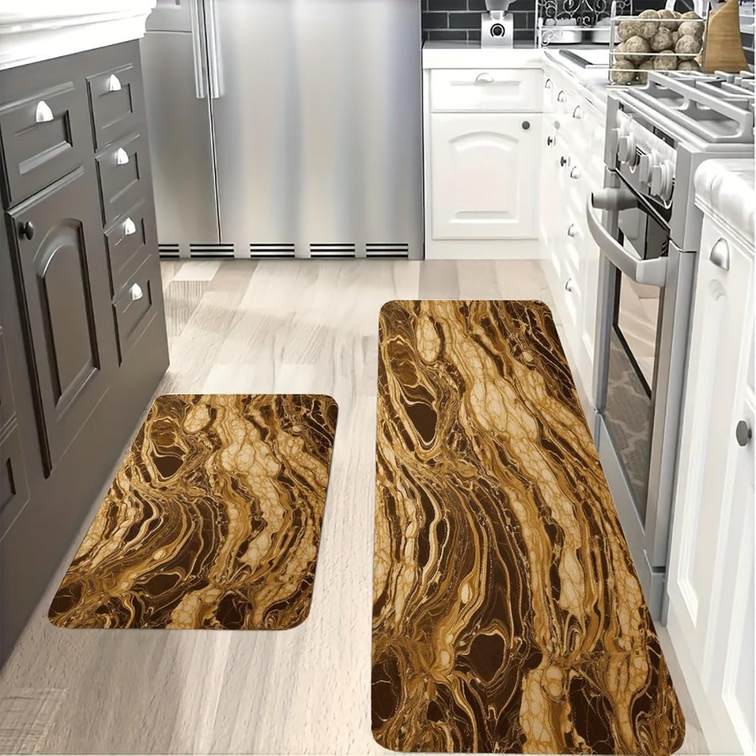 Golden Marble Kitchen Mats with 2PCS Non-Slip Washable,Kitchen Rug Heavy Duty Durable, Floor Mats for Kitchen,Office,Sink,Laundry