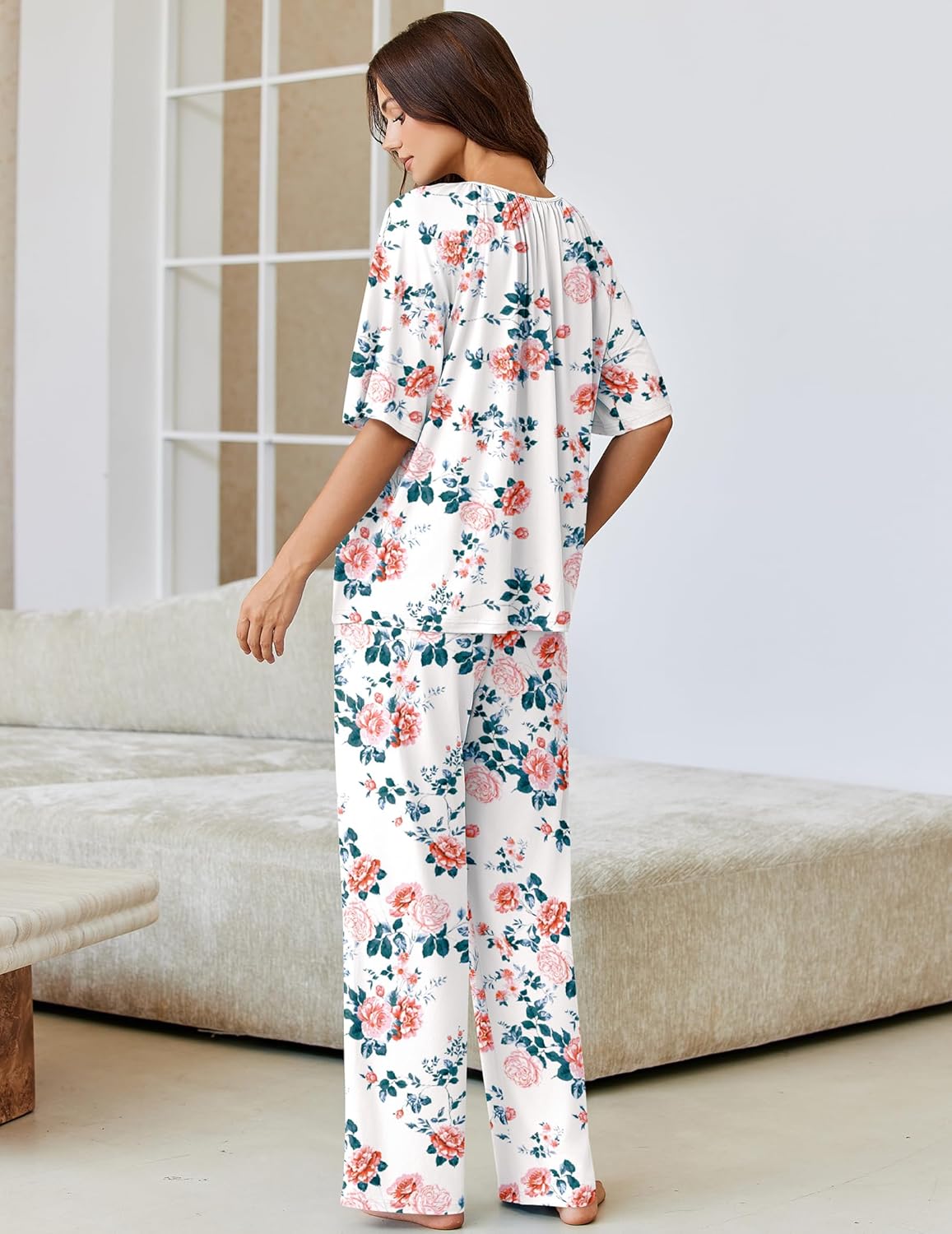 Ekouaer Pajamas for Women Set Short Sleeve Printe Lounge Sets Soft Pjs Round Neck Loungewear with Pockets S-XXL - Image 4