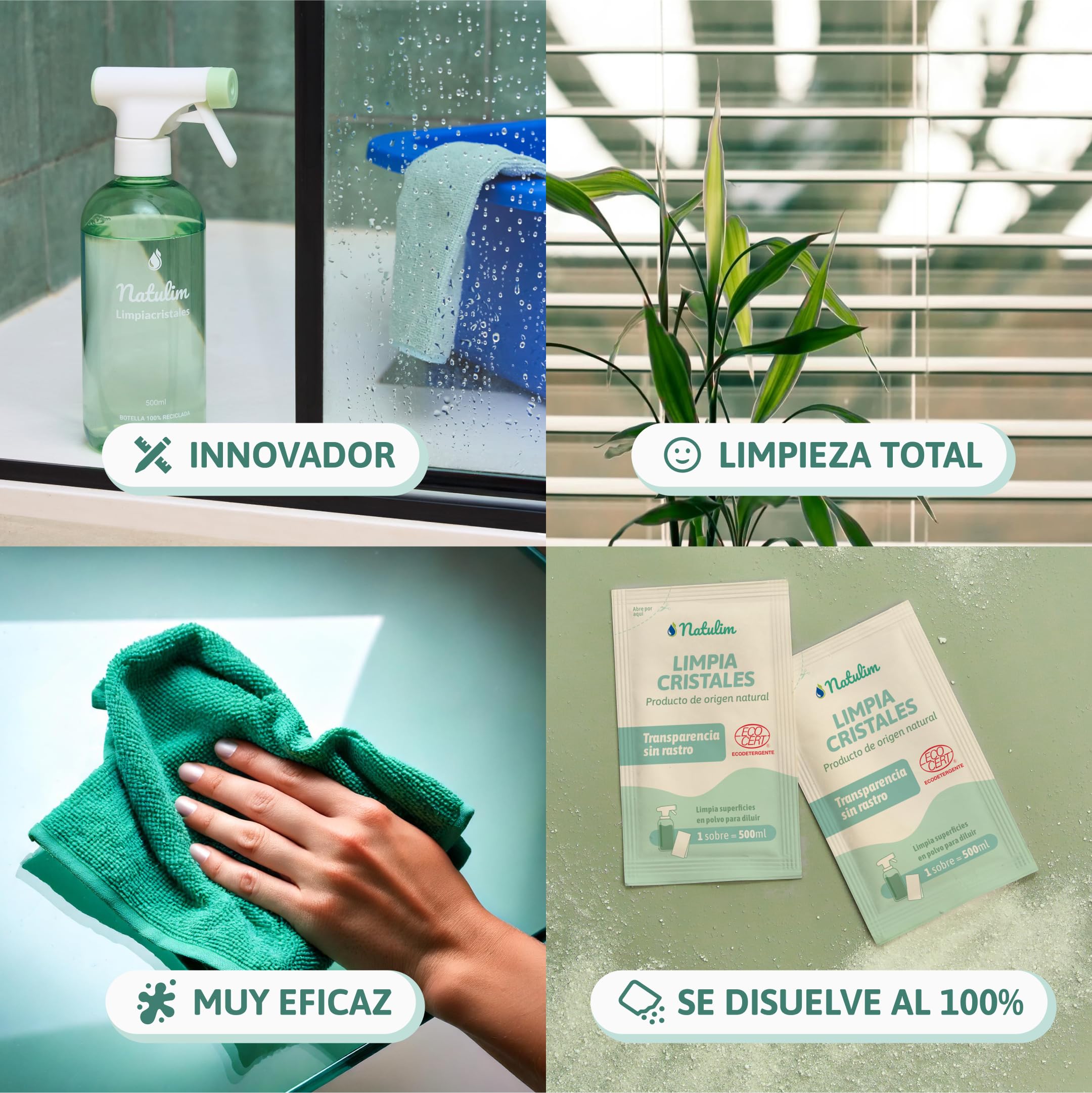 Natulim Confezione di detergenti per vetri – Pulizia profonda e senza traccia per superfici trasparenti – Set spray ricaricabile da 500 ml + 2 buste di ricarica (1 bustina = 500 ml).