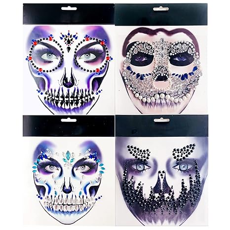 4 Pcs Halloween Face Gems Jewels Day of The Dead Sugar Skull Temporary Stickers Women Rhinestone Masquerade Face Crystal Tattoos Skeleton Scary Makeup Cosplay Costume Holiday Festival Party Supplies