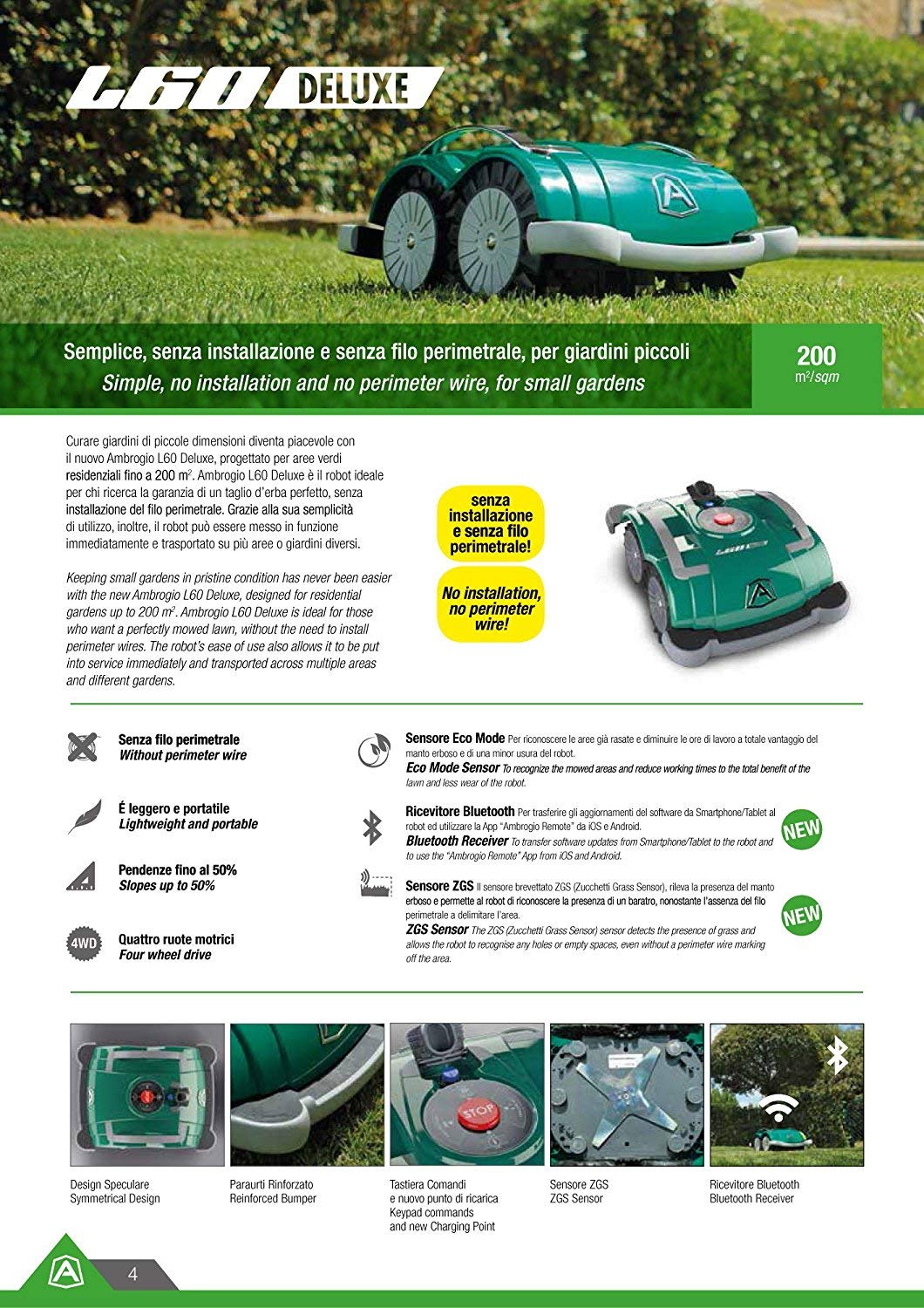 Robot cortacésped Ambrogio L60 Deluxe, Robot cortacésped de jardín Sin instalación hilo perímetro, Robot impermeable para césped cubre Un área de M2, Robot de jardín Listo para usar con Bluetooth
