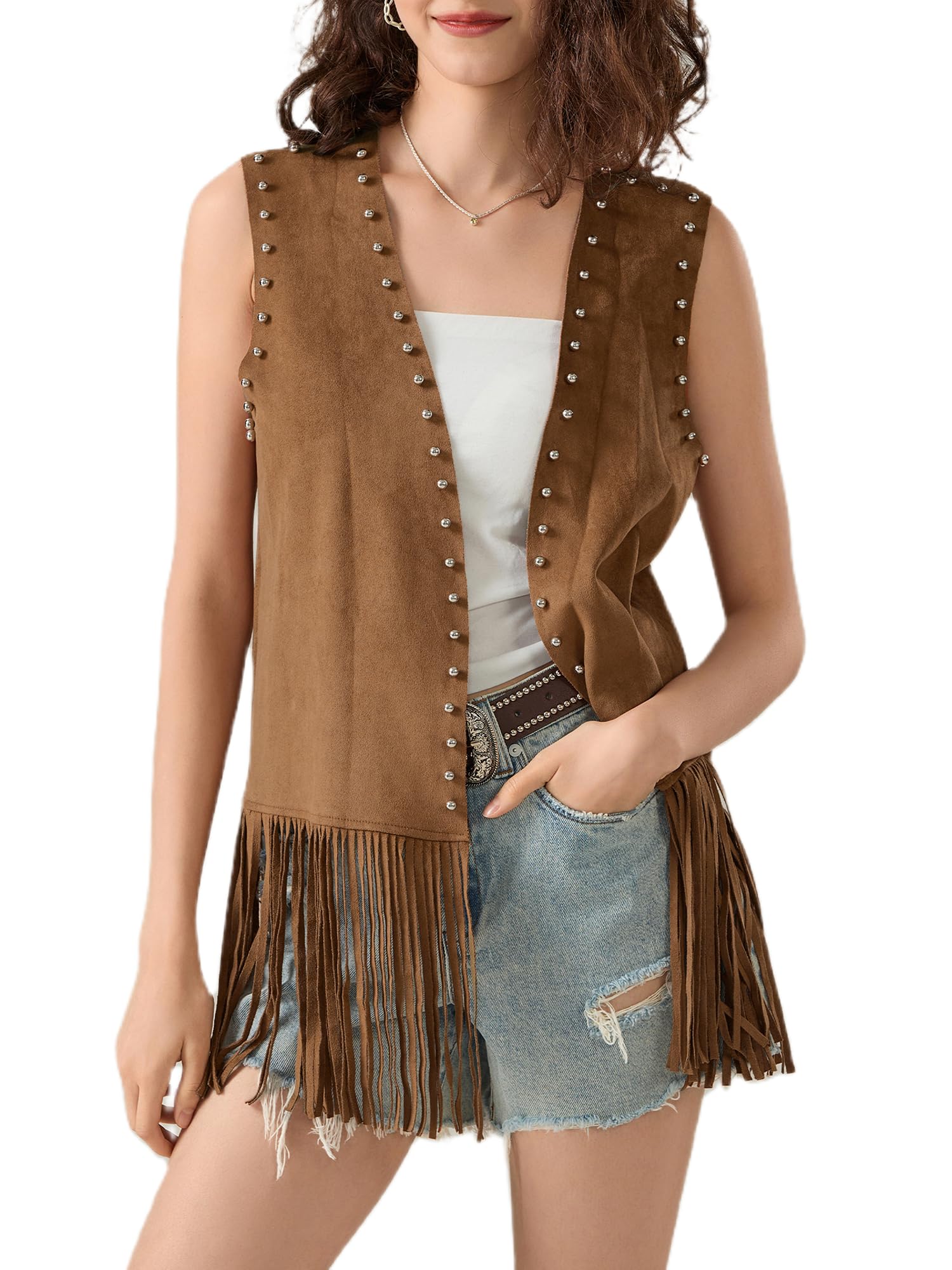 ensswliz Women Fringe Vest 70s Hippie Costume Sleeveless Rivets Tassel Open Front Faux Suede Waistcoat Western Vest