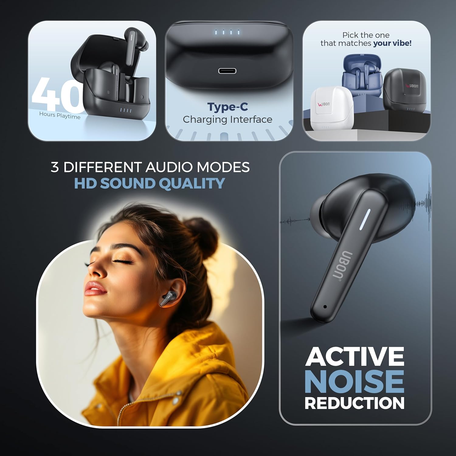 UBON Topper J23 Earbuds in Charging Case showing 40 Hours Playtime