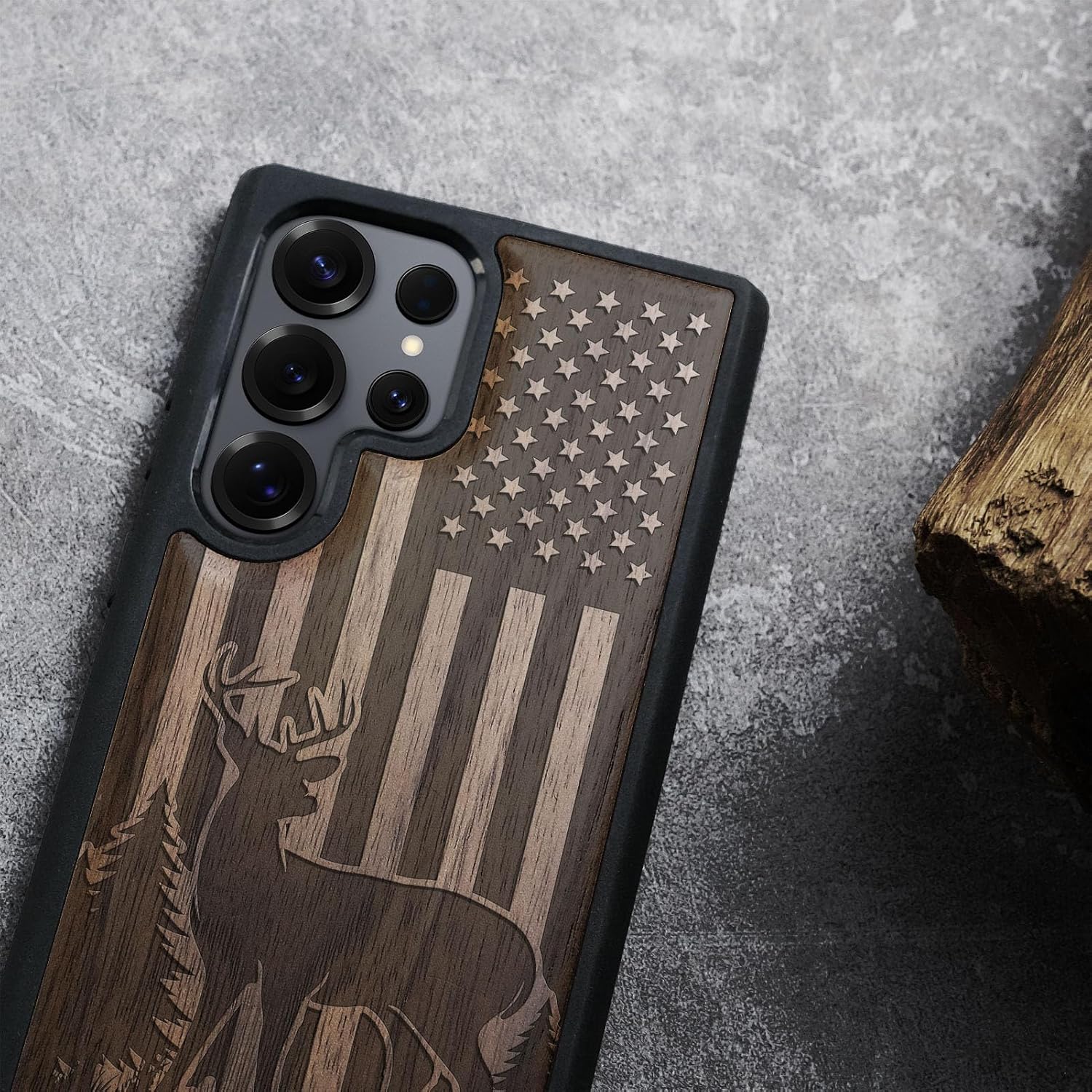 Carveit Magnetic Wooden Case for Samsung Galaxy S25 Ultra Case 2025, TPU Shockproof Cover & Wood Artisan Engraved, Compatible with MagSafe Wireless Chargers (Patriotic Deer Silhouette) Walnut