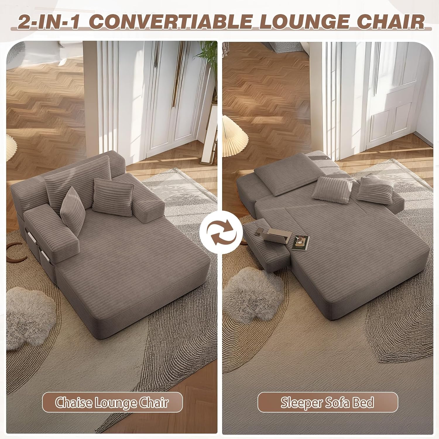 2-in-1 Convertiable Oversized Chaise Lounge Chair Indoor, 48.5" Corduroy Comfy Boneless Sofa Chair with Reversible Backrest & Pockets, Cloud Couch Sleeper Sofa Bed for Living Room, Bedroom(Coffee)
