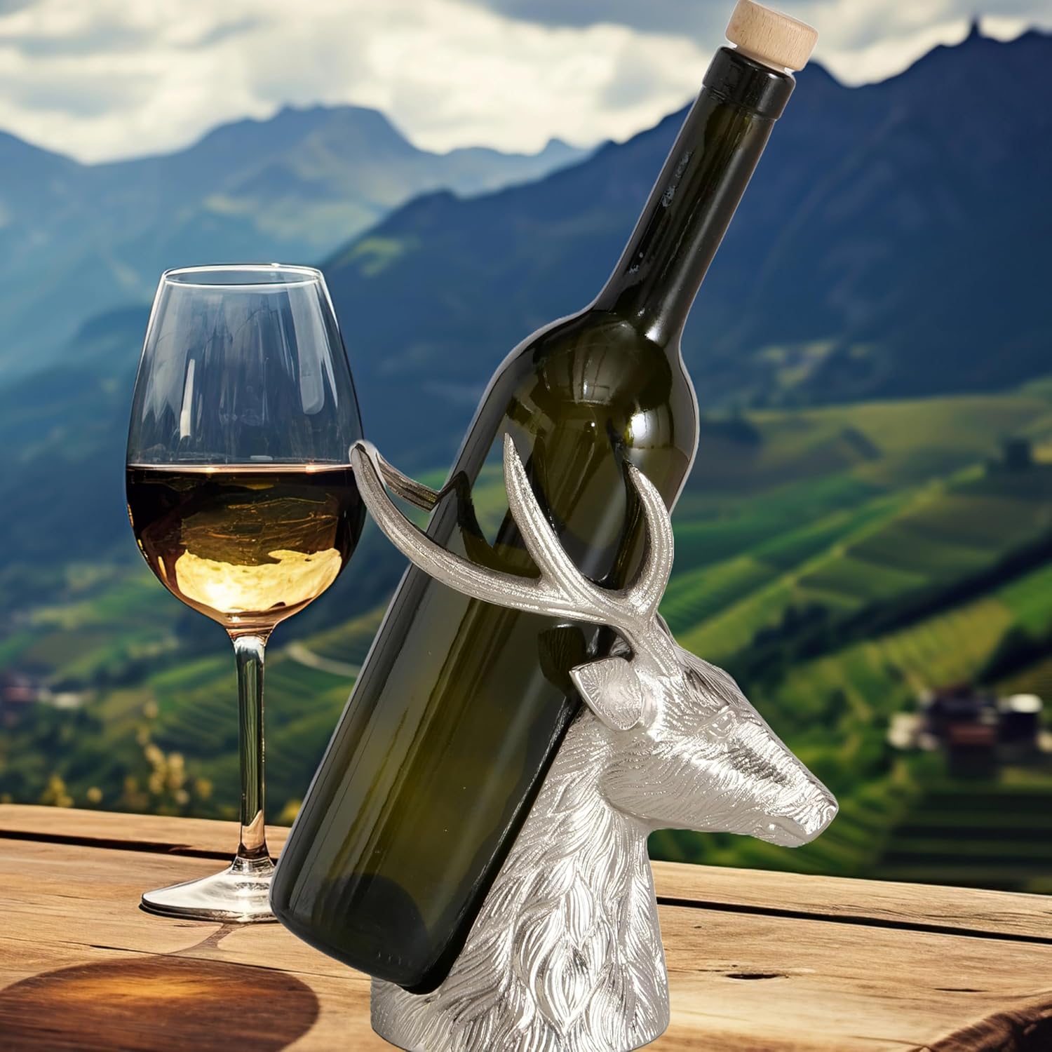 WHW Whole House Worlds Rustic Wine Rack, Single Bottle Display, Deer Motif, Hand Cast Aluminum Nickle, 8.25 Inches